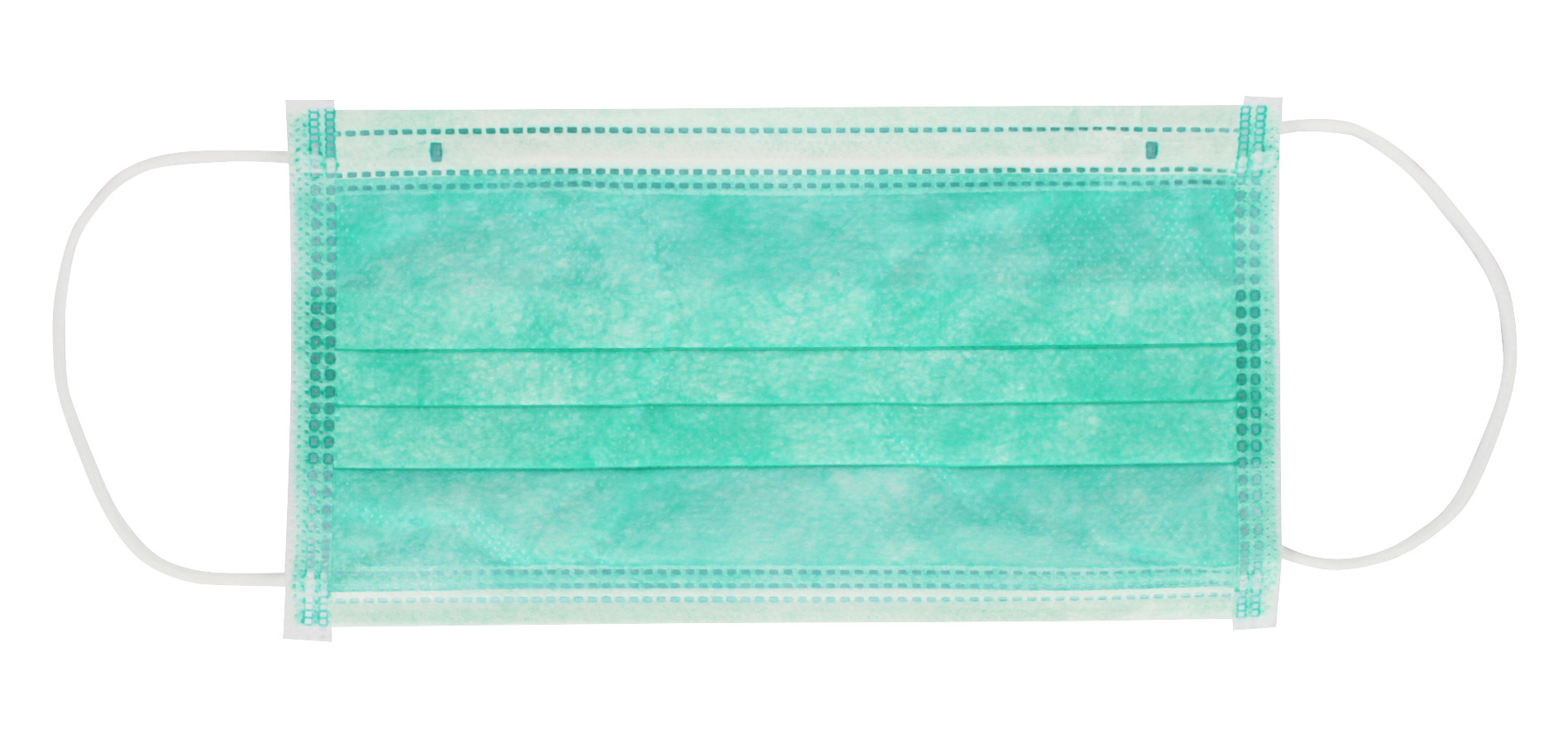 Grüner, dreilagiger Mundschutz mit elastischen Bändern, der in der Mitte gefaltet ist, um eine optimale Passform zu gewährleisten. Der Mundschutz hat eine attraktive, uniforme grüne Farbe und zeigt auf der Vorderseite ein feines, strukturiertes Muster. Die oberen und unteren Ränder sind abgerundet, was für zusätzlichen Komfort sorgt. Das Produkt ist hygienisch und ideal für den Einsatz im medizinischen Bereich oder bei Veranstaltungen, bei denen Atemschutz erforderlich ist.