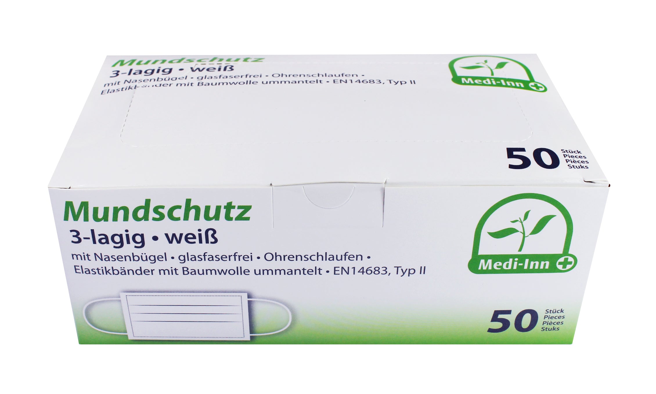 Weißer, dreilagiger Mundschutz aus Vliesstoff, der als Atemschutz dient. Der Mundschutz ist mit elastischen Bändern ausgestattet, die eine bequeme und sichere Anpassung hinter den Ohren ermöglichen. Das Produkt hat eine einfache, schlichte Form ohne zusätzliche Muster und ist auf einem weißen Hintergrund platziert. Die äußere Schicht des Mundschutzes ist glatt und einheitlich, während die Innenseite ebenfalls in Weiß gehalten ist.