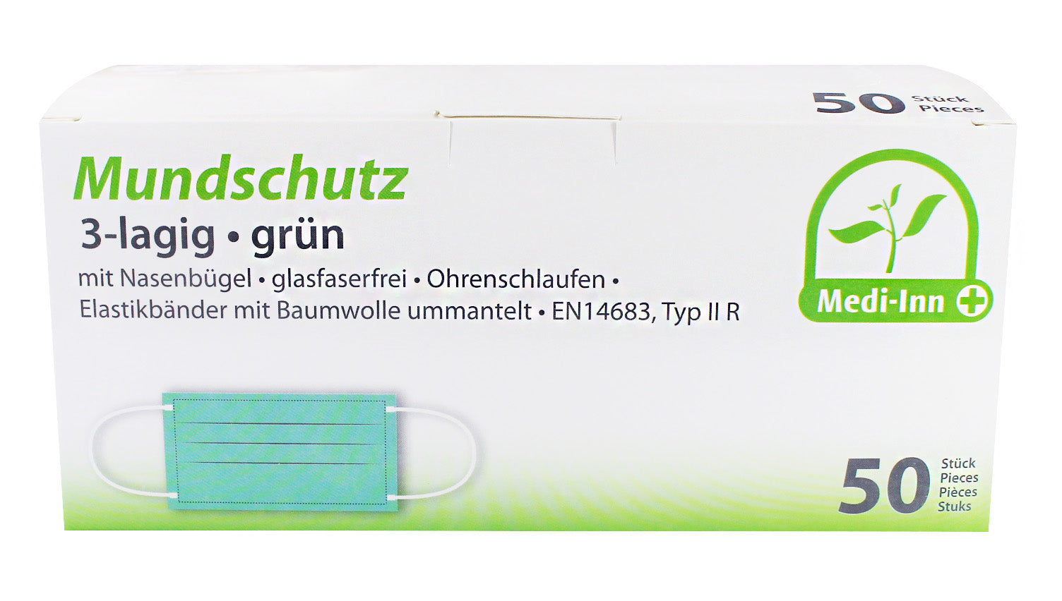 Dreidimensional gefaltete grüne Einwegmaske mit Nasenbügel und elastischen Bändern. Die Maske besteht aus drei Schichten und bietet eine hohe Filterleistung. Auf der Vorderseite sind feine, helle Absteppungen sichtbar, die das Material an die Konturen des Gesichts anpassen. Der Nasenbügel sorgt für einen sicheren Sitz und verhindert das Verrutschen. Die elastischen Bänder sind weich und dehnbar, um einen komfortablen Tragekomfort zu gewährleisten.