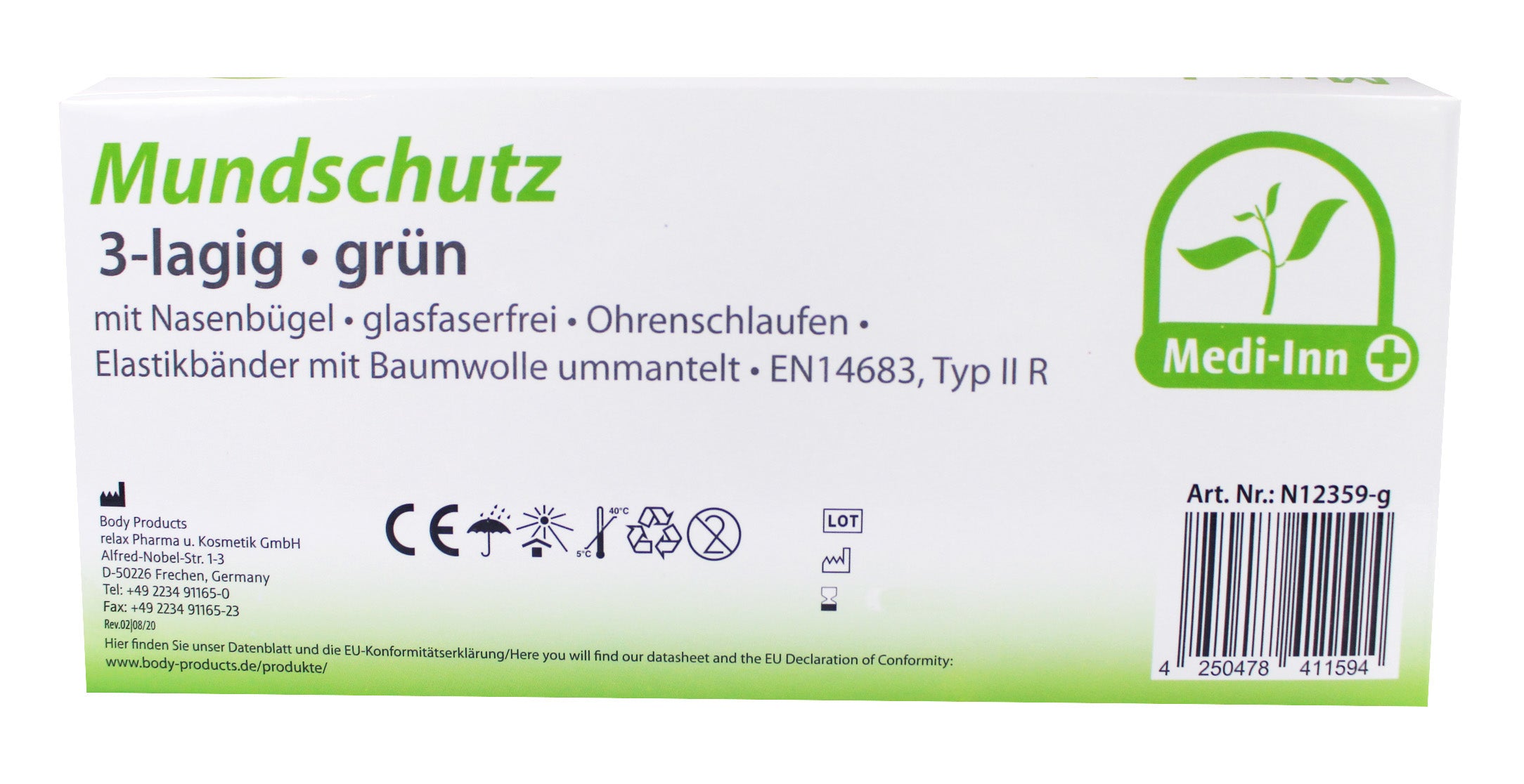 Grüner medizinischer Mundschutz Typ IIR, dreilagig, mit Nasenbügel und elastischen Bändern. Der Mundschutz zeigt eine glatte Oberfläche ohne Muster. Die Oberkante ist leicht gewellt und mit einem integrierten Nasenbügel versehen, um eine optimale Passform zu gewährleisten. Die elastischen Bänder sind gut sichtbar und sorgen für einen sicheren Halt hinter den Ohren.