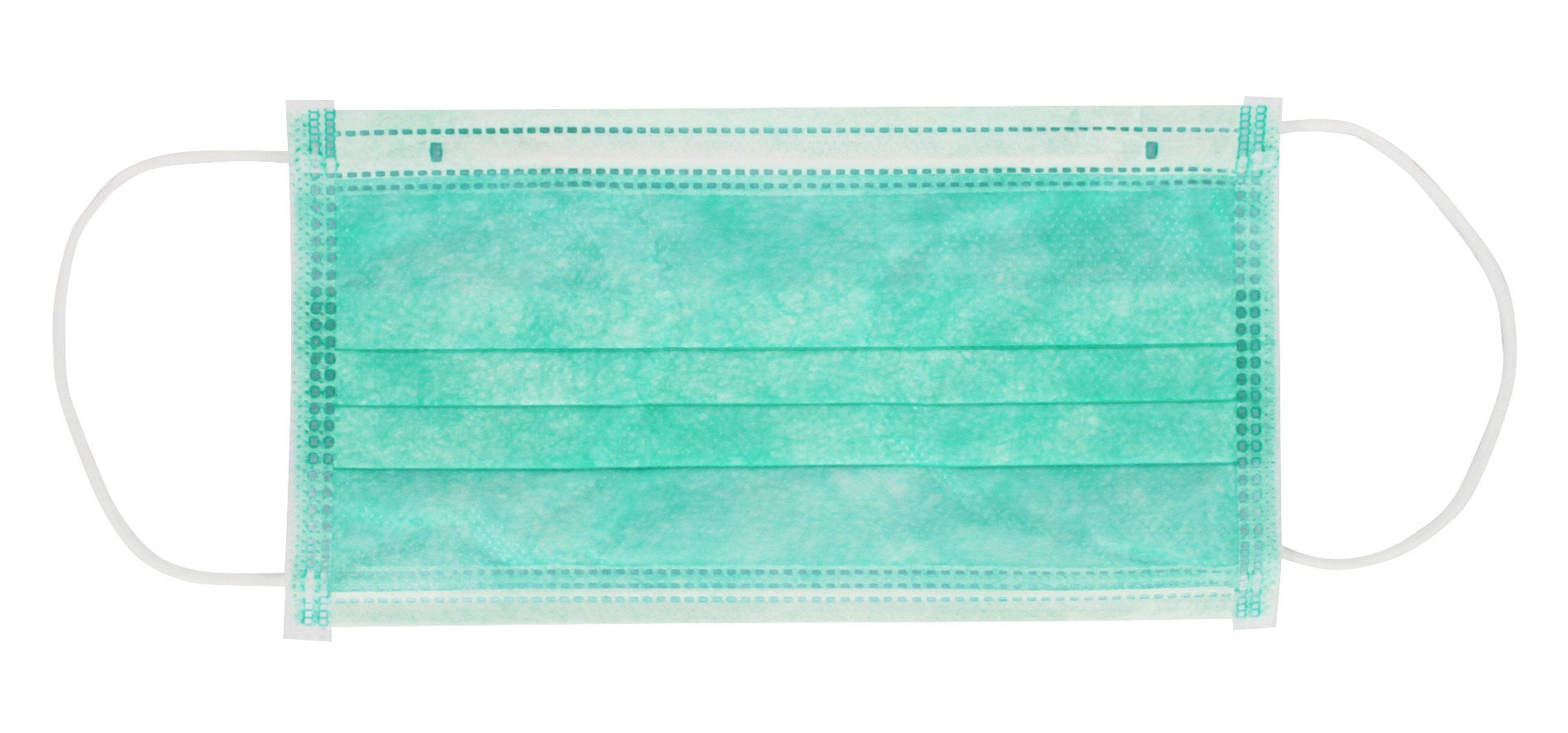 Detaillierte Darstellung eines grünen Mundschutzes mit Nasenbügel und elastischen Bändern. Der Maskentyp ist IIR und besteht aus drei Lagen für hohe Atemschutzqualität. Die Maske zeigt eine glatte Oberfläche und ist so gestaltet, dass sie eng am Gesicht anliegt, um einen sicheren Sitz zu gewährleisten. In der oberen Mitte ist der gepolsterte Nasenbügel erkennbar, der zur Anpassung an die Gesichtsform dient.