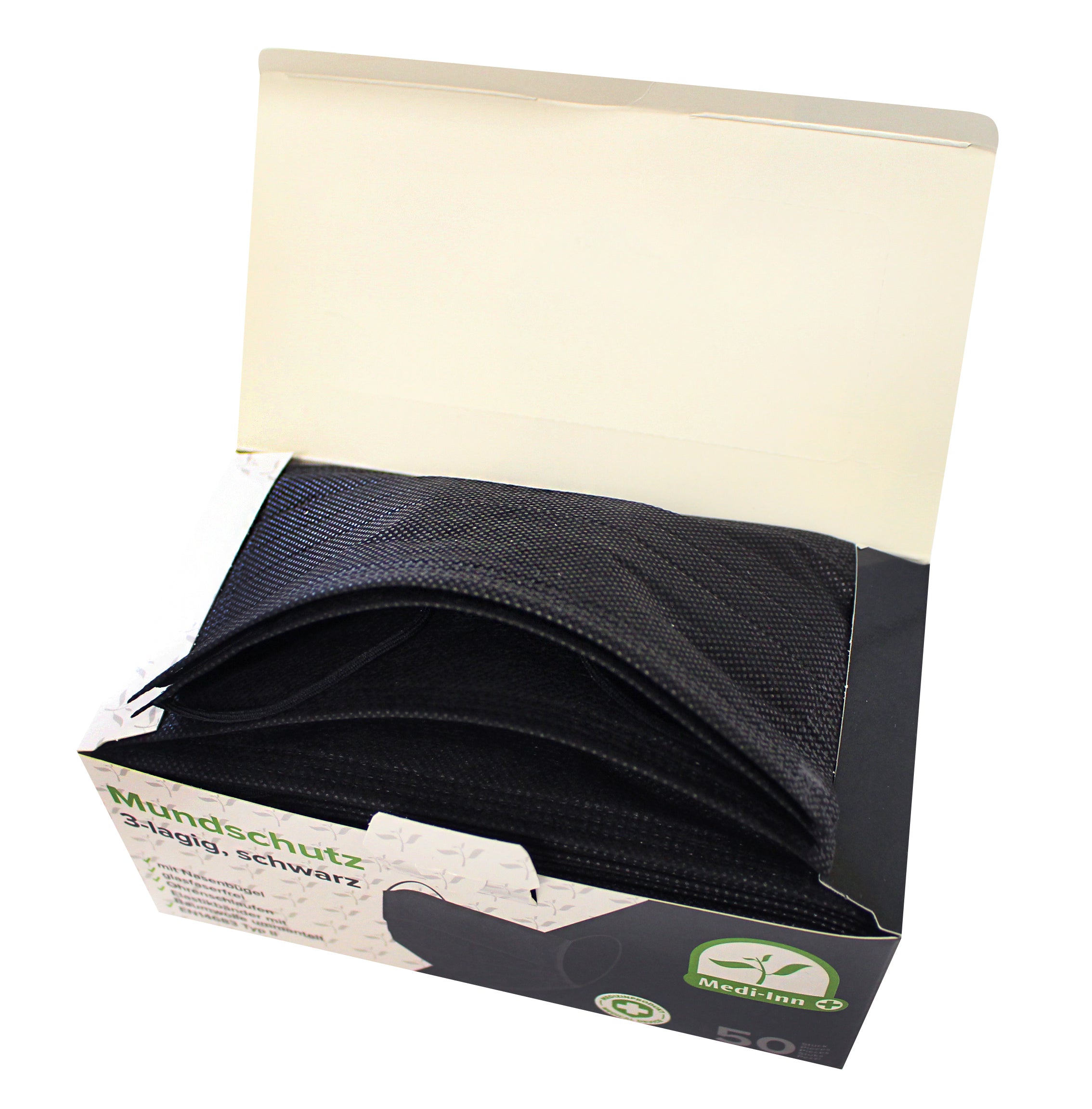 Schwarze, dreilagige Mundschutzmaske vom Typ II mit elastischen Bändern und einem verstellbaren Nasenbügel. Die Maske zeigt eine glatte Oberfläche ohne auffällige Muster oder Logos. Sie ist ergonomisch geformt, um sich an die Gesichtsstruktur anzupassen und einen komfortablen Sitz zu bieten. Die elastischen Bänder sind so gestaltet, dass sie hinter den Ohren getragen werden können, während der Nasenbügel für eine ideale Abdichtung sorgt.