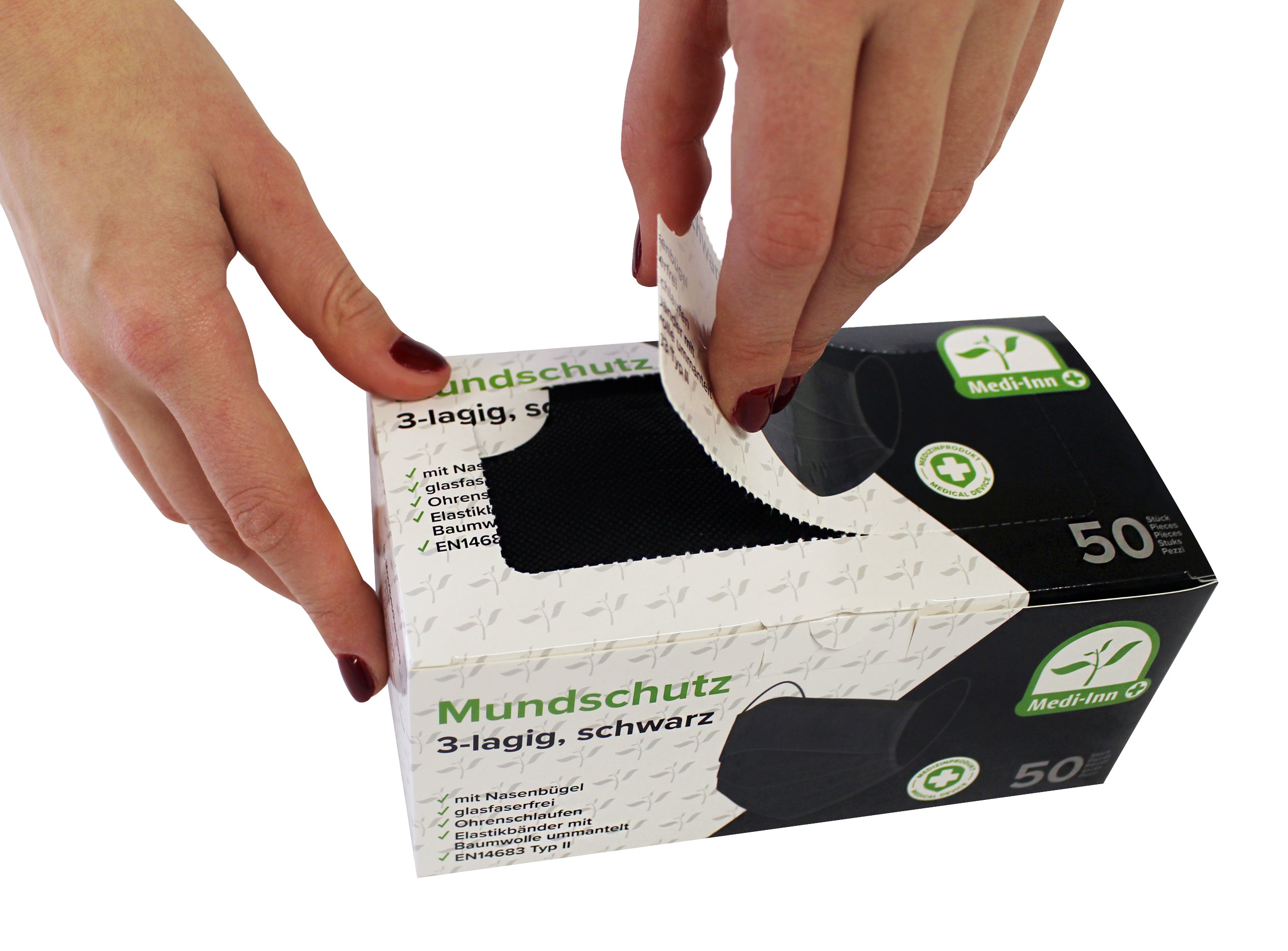 Schwarze, dreilagige medizinische Mundschutzmaske vom Typ II mit elastischen Bändern und Nasenbügel. Die Maske ist so gestaltet, dass sie eng am Gesicht anliegt und einen guten Schutz bietet. Ihr Material wirkt atmungsaktiv und angenehm auf der Haut. Die elastischen Ohrenschlaufen sorgen für eine einfache und bequeme Befestigung. Ideal für den Einsatz in medizinischen Einrichtungen oder im Alltag, um die Übertragung von Krankheiten zu reduzieren.