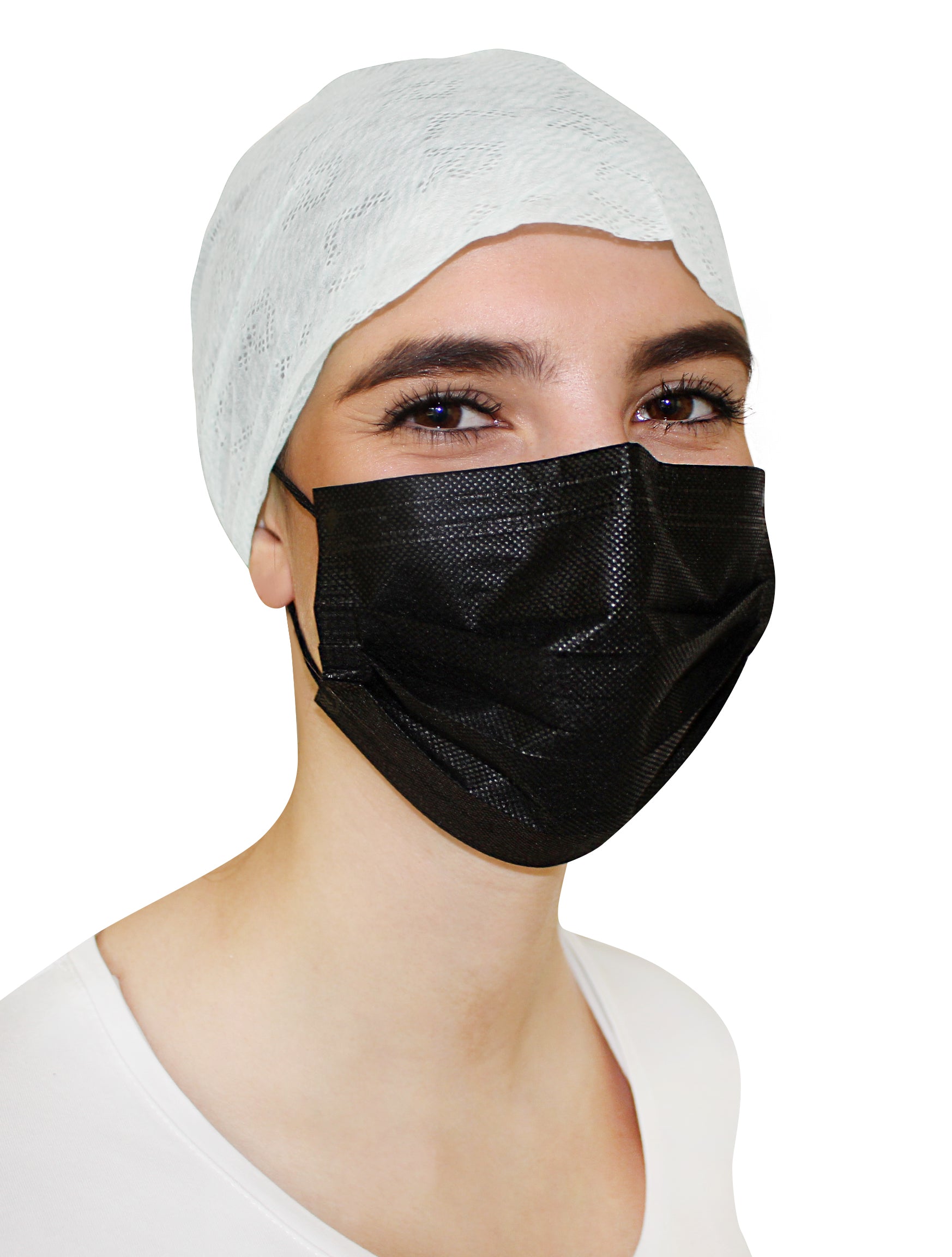 Schwarze, dreilagige Atemschutzmaske vom Typ II, geeignet für den Einmalgebrauch. Die Maske ist mit einem elastischen Band ausgestattet, das hinter dem Ohr befestigt wird, und hat einen formbaren Nasenbügel für einen sicheren Sitz. Die Oberseite zeigt eine glatte, matte Oberfläche ohne sichtbare Nähte oder Falten. Die Maske ist vollständig und gleichmäßig gefaltet, um eine optimale Abdichtung zu gewährleisten. Ideal zum Schutz vor Tröpfchen und Verunreinigungen in sozialen und medizinischen Umgebungen.