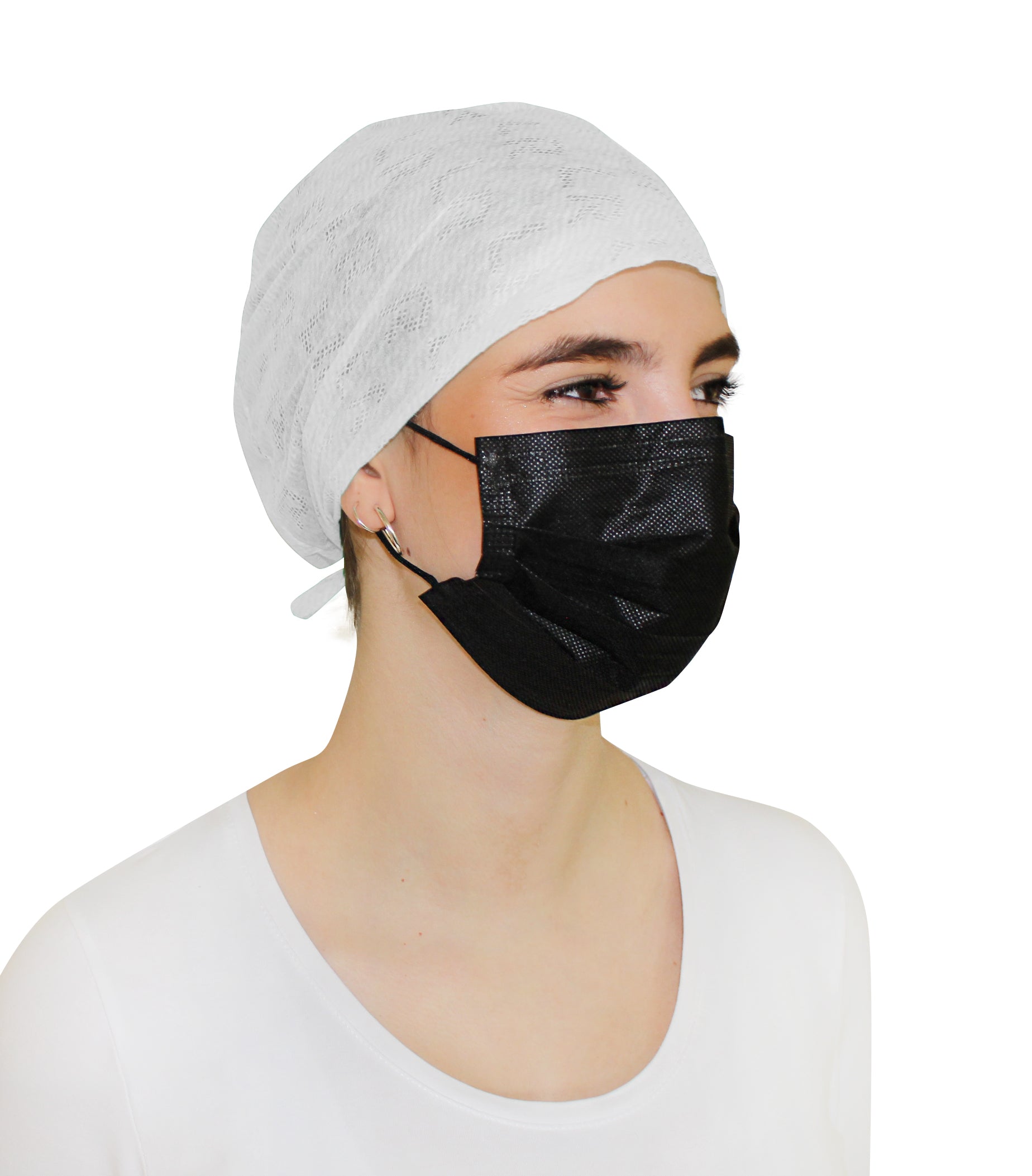 Schwarze, dreilagige Mundschutzmaske mit elastischen Bändern und integriertem Nasenbügel. Die Maske ist in der Mitte gefaltet und hat an beiden Seiten üppige, dünne elastische Bänder, die es ermöglichen, sie bequem über die Ohren zu tragen. Die Außenfläche ist glatt und einheitlich schwarz ohne Muster, während die Innenseite hell und weich wirkt. Diese Atemschutzmaske eignet sich ideal für den täglichen Gebrauch und bietet Schutz in öffentlichen Bereichen.