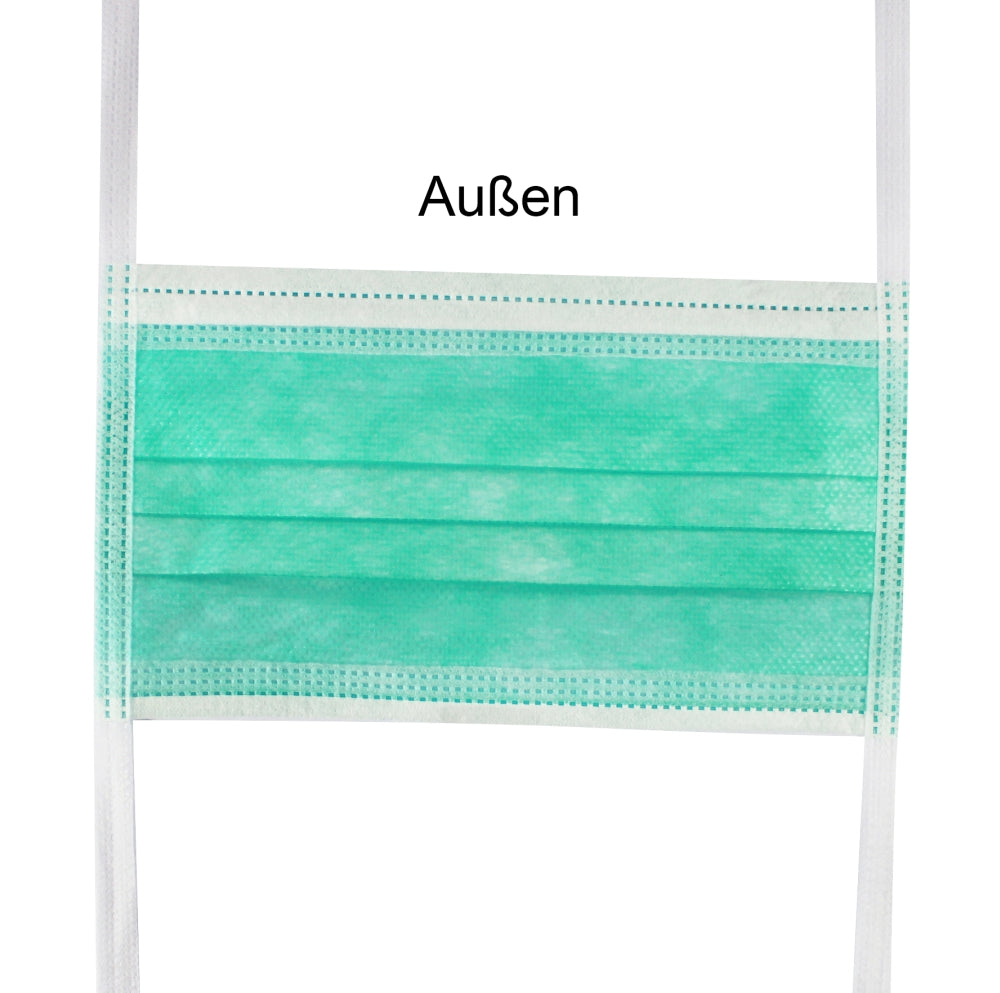 Bild eines 3-lagigen medizinischen Mundschutzes zum Binden des Typs IIR, der beige und hellblau ist. Der Mundschutz hat an den Seiten zwei Binde-Riemen, die in eine Schlaufe und einen Knoten zusammenlaufen. Die obere Kante ist geformt, um sich der Nasenform anzupassen. Der Stoff zeigt eine feine, gleichmäßige Struktur und ist elastisch, um eine gute Passform zu gewährleisten. Im Hintergrund sind unscharfe, neutrale Farben, die den Fokus auf den Mundschutz lenken.