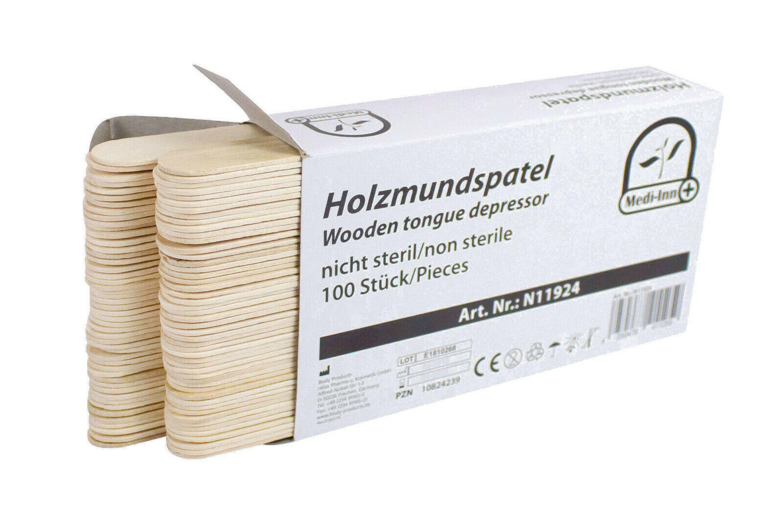Holz-Mundspatel im Vordergrund, auf einem blauen Hintergrund platziert. Der Spatel ist länglich und schmal, mit abgerundeten Enden, die eine glatte Oberfläche aufweisen. Die Holzfarbe ist hell, leicht glänzend und zeigt natürliche Maserungen. Es sind keine sichtbaren Markierungen oder Verzierungen vorhanden. Im Hintergrund ist eine unscharfe, helle Fläche zu sehen, die dem Produkt eine saubere und hygienische Atmosphäre verleiht.