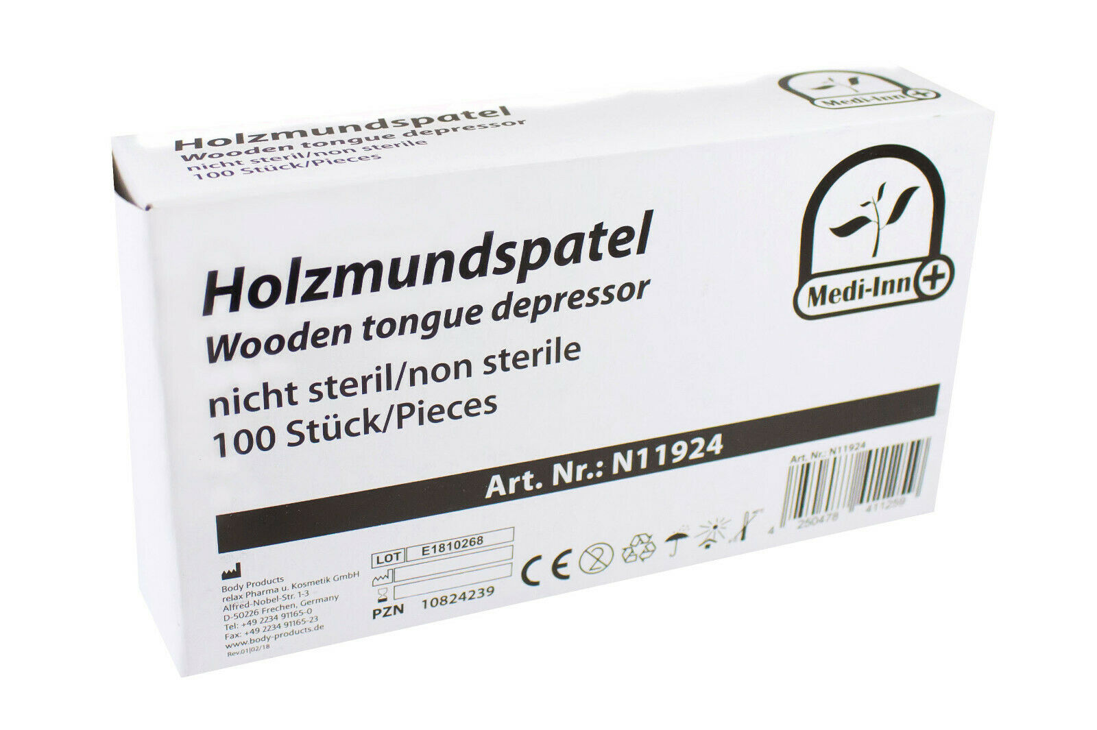 Holz-Mundspatel auf einem weißen Hintergrund. Der Spatel hat eine glatte, helle Holzoberfläche und ist in Form eines schmalen, abgerundeten Rechtecks gestaltet, ideal für medizinische oder persönliche Anwendungen. In der Mitte des Bildes liegt der Spatel flach, wobei die natürlichen Holzmaserungen gut sichtbar sind. Die Kanten sind gleichmäßig und sanft abgerundet, was ein angenehmes Gefühl beim Benutzen vermittelt.