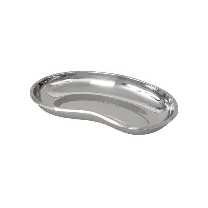 Bild eines Produkts: Edelstahl-Nierenschalen in vier Größen, jeweils 13 cm breit und 26,5 cm lang. Die Schalen haben eine glänzende Oberfläche und einen eleganten, leicht gebogenen Rand. Sie sind ideal für die Präsentation von Lebensmitteln oder als praktische Aufbewahrungslösung. Die Schalen liegen nebeneinander auf einer neutralen, hellen Unterlage, die ihre Form und das glänzende Material betont.