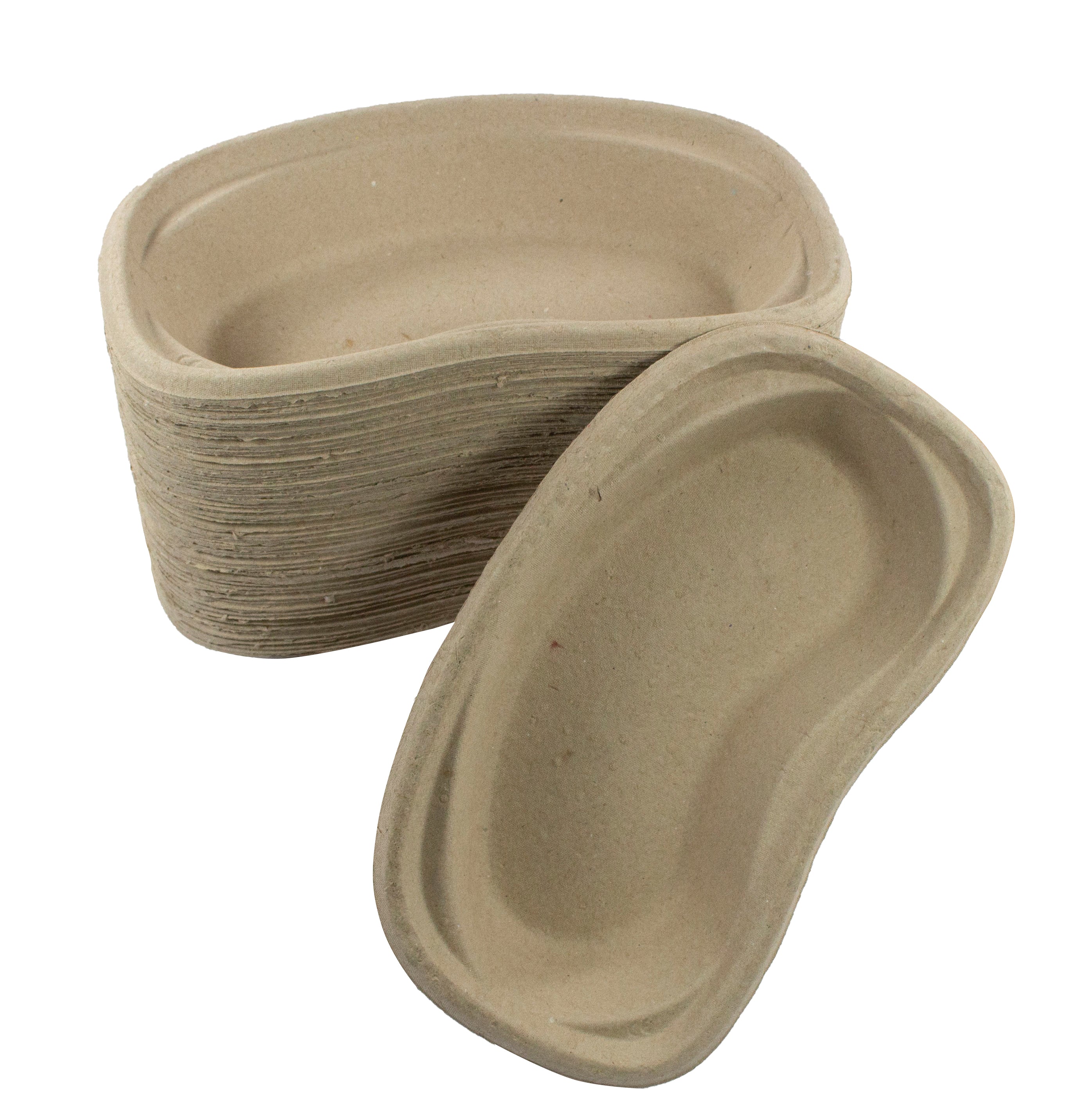 Graue Nierenschalen aus Pappe, unsteril, mit den Maßen 15 cm x 25,5 cm x 4,8 cm. Die Schalen haben eine ovale Form mit leicht erhabenem Rand, der eine sichere Ablage von Materialien ermöglicht. Ihre Oberfläche ist glatt und gleichmäßig, ohne sichtbare Risse oder Verunreinigungen. Diese Schalen sind für den einmaligen Gebrauch konzipiert und eignen sich ideal für medizinische oder hygienische Anwendungen. Das Bild zeigt die Schalen auf einem neutralen Hintergrund, was die Details und die Farbe hervorhebt.