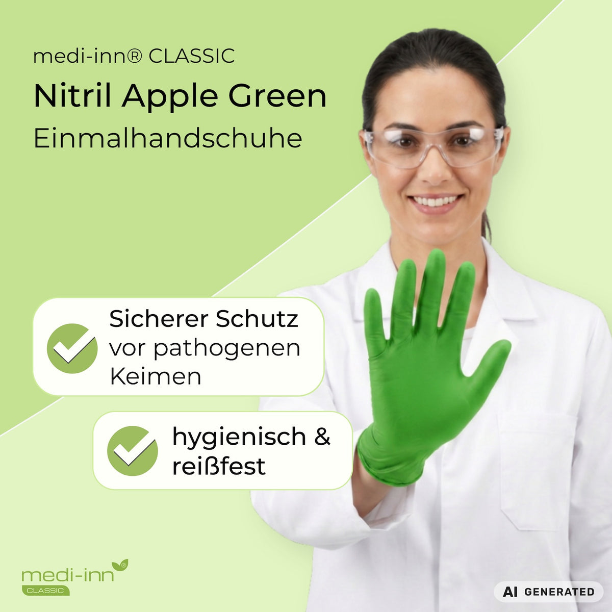 Eine Fachkraft aus dem Labor trägt den Medi-Inn Nitril Apple Green Einmalhandschuh. Daneben die Hinweise: Sicherer Schutz vor pathogenen Keimen, hygienisch & reißfest.