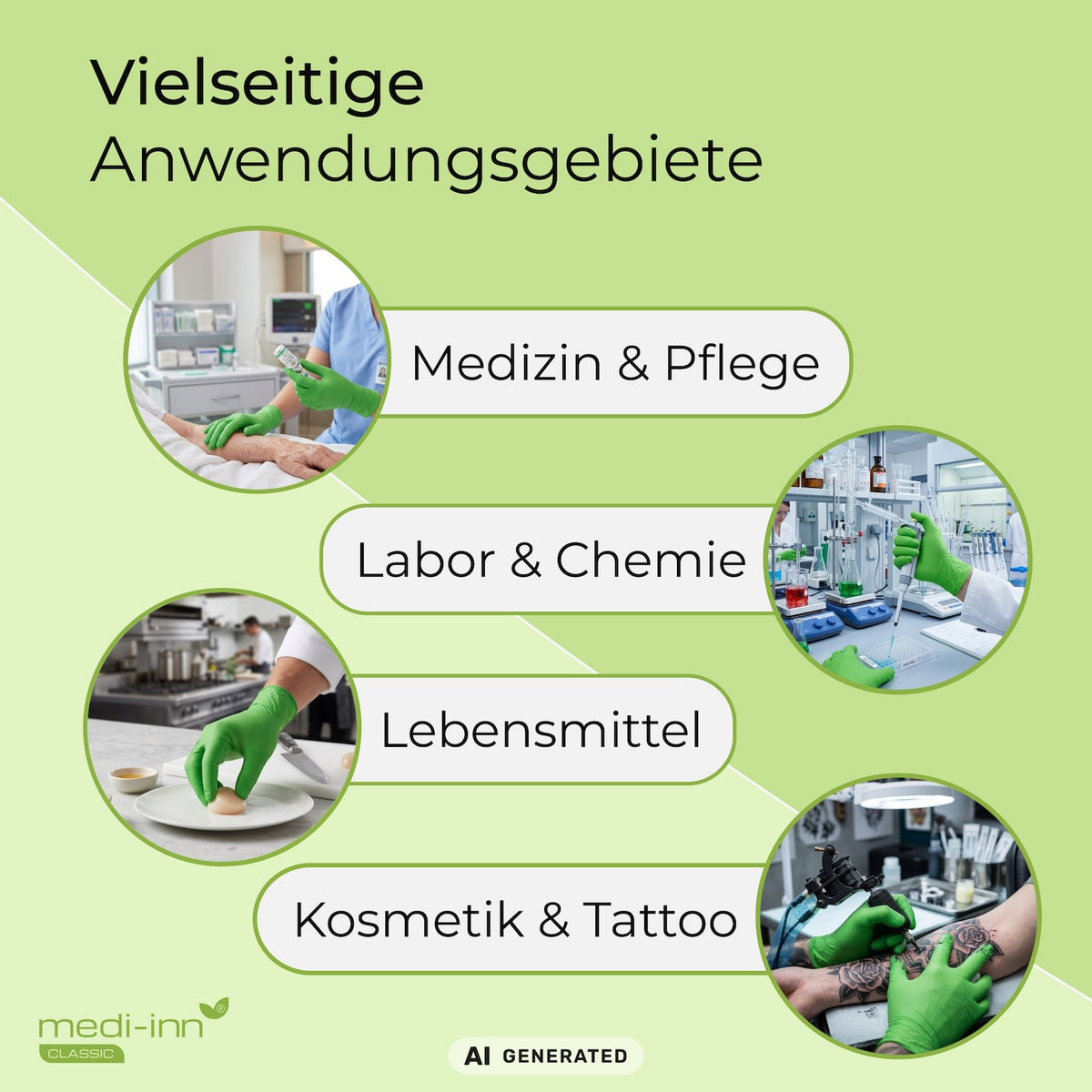 Hinweis auf die vielseitigen Anwendungsgebiete des Medi-Inn Nitril Apple Green Einmalhandschuhs: Medizin & Pflege, Labor & Chemie, Lebensmittel, Kosmetik & Tattoo.