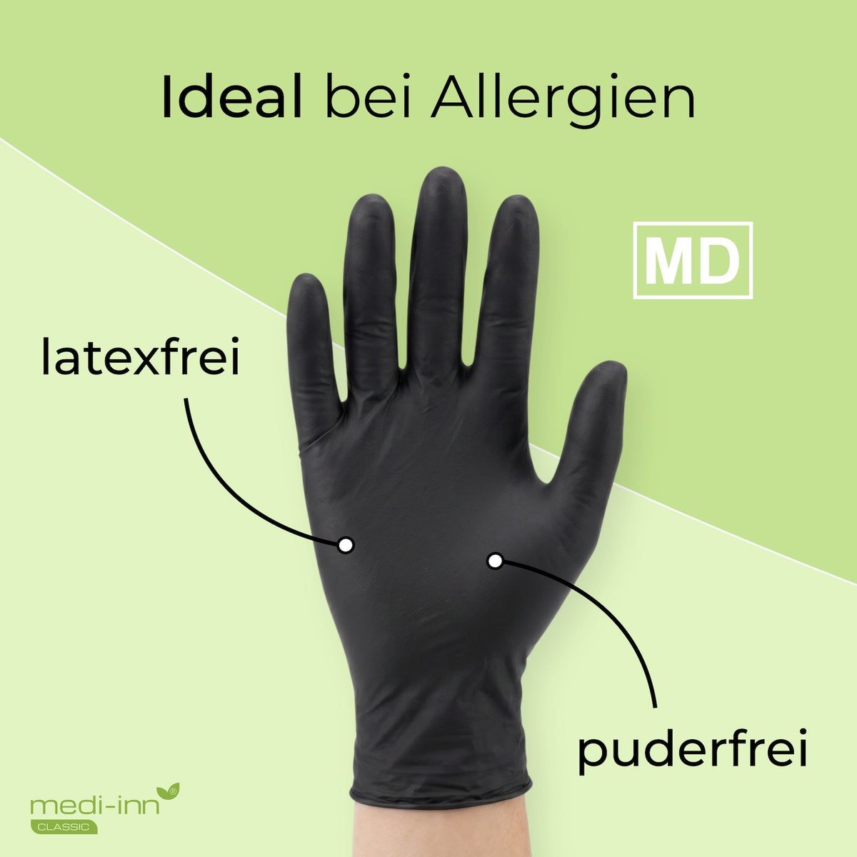Frontalansicht eines Medi-Inn Nitril Black Plus Einmalhandschuhs mit den Hinweisen: latexfrei, puderfrei, Medizinprodukt.