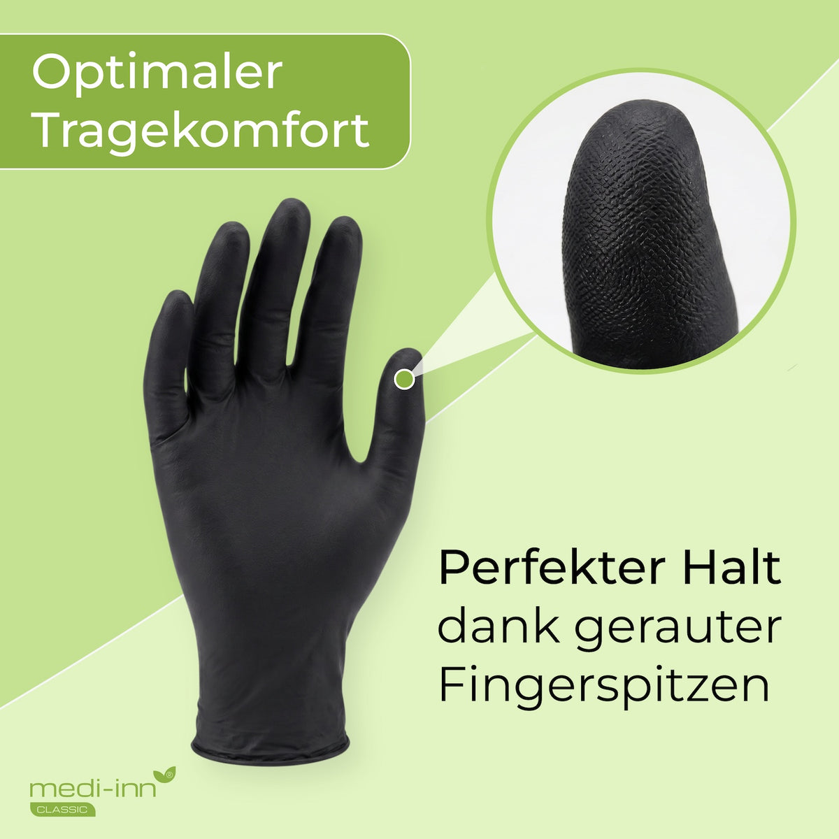 Frontalansicht eines Medi-Inn Nitril Black Plus Einmalhandschuhs mit den Hinweisen: Optimaler Tragekomfort, Perfekter Halt dank gerauter Fingerspitzen.