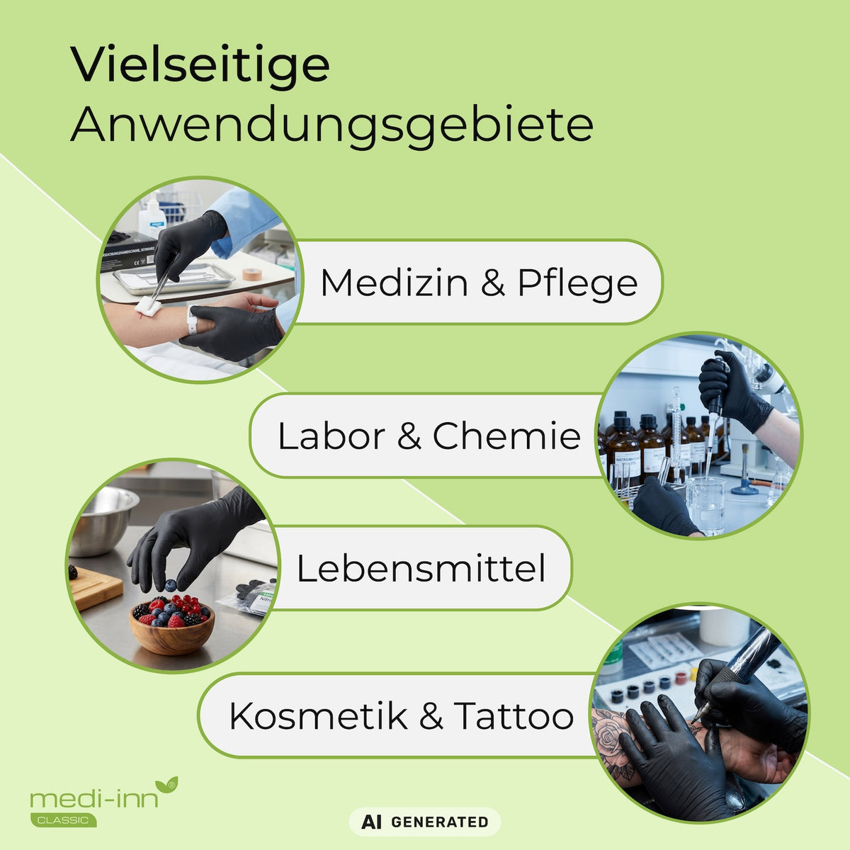 Hinweis auf die vielseitigen Anwendungsgebiete des Medi-Inn Nitril Black Plus Einmalhandschuhs: Medizin & Pflege, Labor & Chemie, Lebensmittel, Kosmetik & Tattoo.