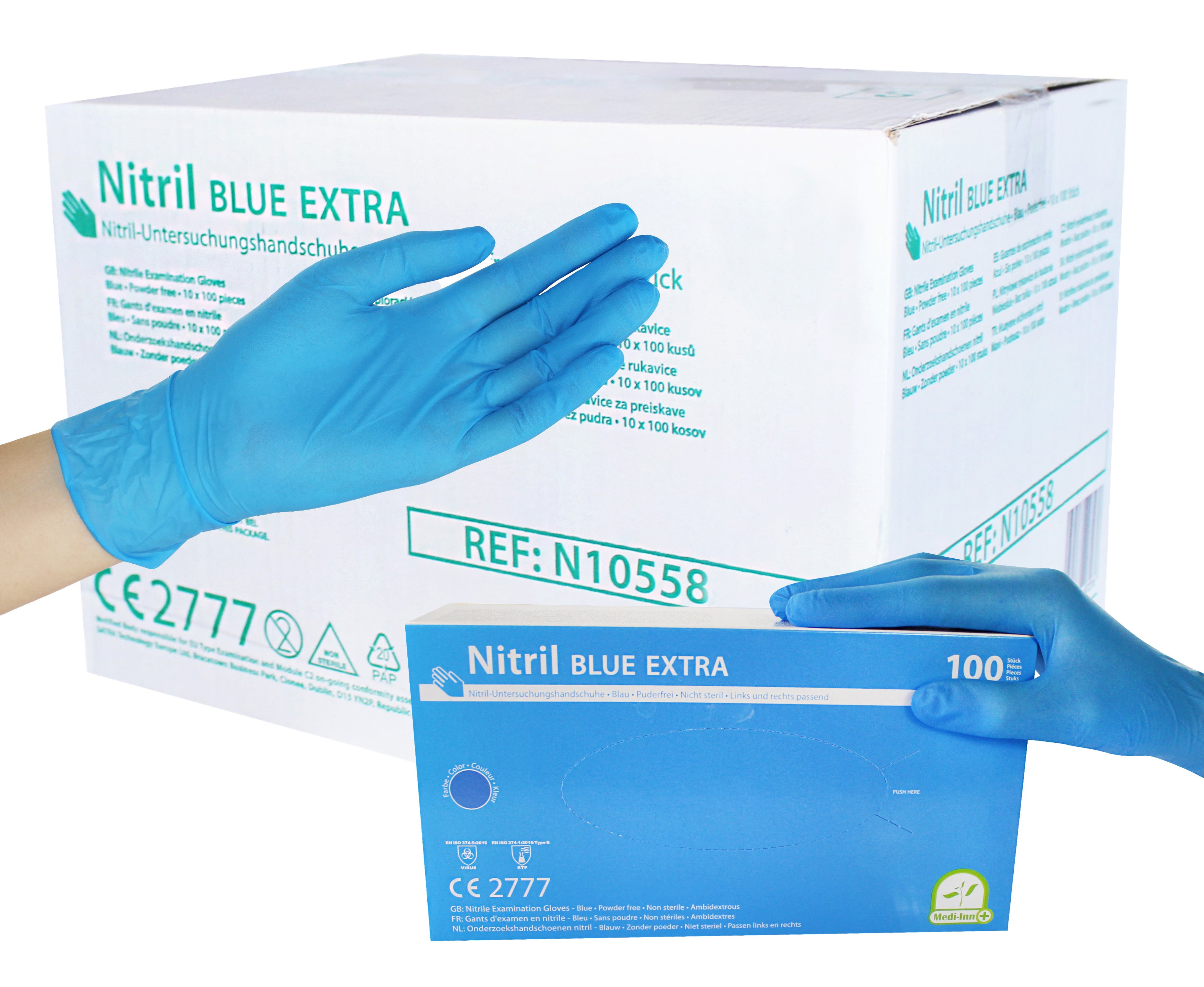 Ein Päckchen mit blauen Nitrilhandschuhen ist abgebildet. Das Paket ist aus transparentem Material und zeigt eine Vielzahl von extra dünnen, puderfreien Einmalhandschuhen. Die Handschuhe sind in einer handlichen Position gefaltet, um ihre Flexibilität und Anwendungsvielfalt zu verdeutlichen. Auf der Vorderseite des Pakets sind auch der Produktname und einige Hinweise zur Verwendung sowie die Größe der Handschuhe gut lesbar.