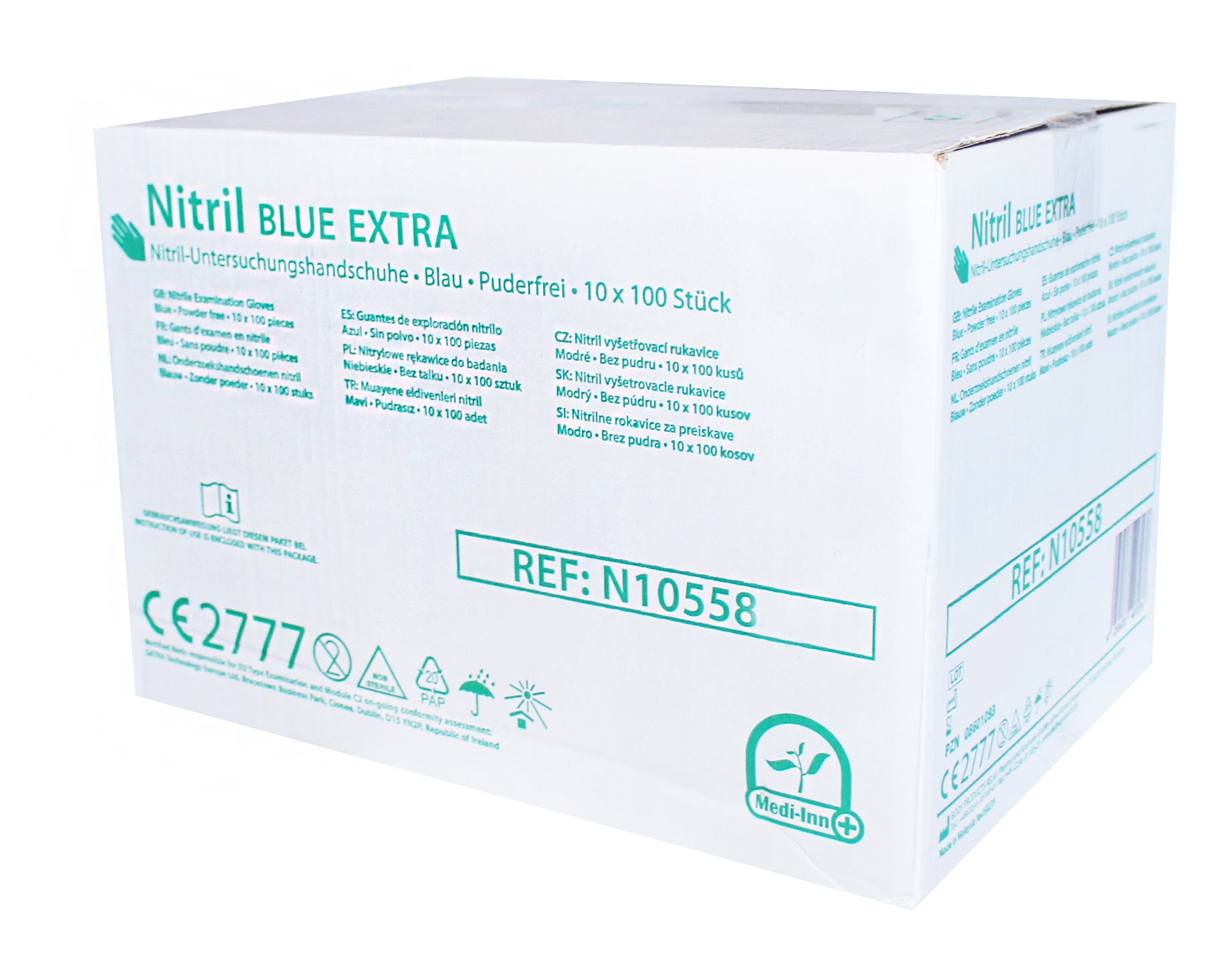 Einfarbige, blaue Einmalhandschuhe aus Nitril liegen auf einem weißen Hintergrund. Die Handschuhe sind puderfrei und zeichnen sich durch ihre Flexibilität und Griffigkeit aus. Sie haben eine leicht strukturierte Oberfläche, die für einen besseren Halt sorgt. Der Handschuh an der linken Seite ist leicht geöffnet, sodass die Innenseite sichtbar ist. Im oberen Bereich des Bildes sind die Produktbezeichnung und der Hinweis auf die Verwendung als Schutzhandschuhe gedruckt.