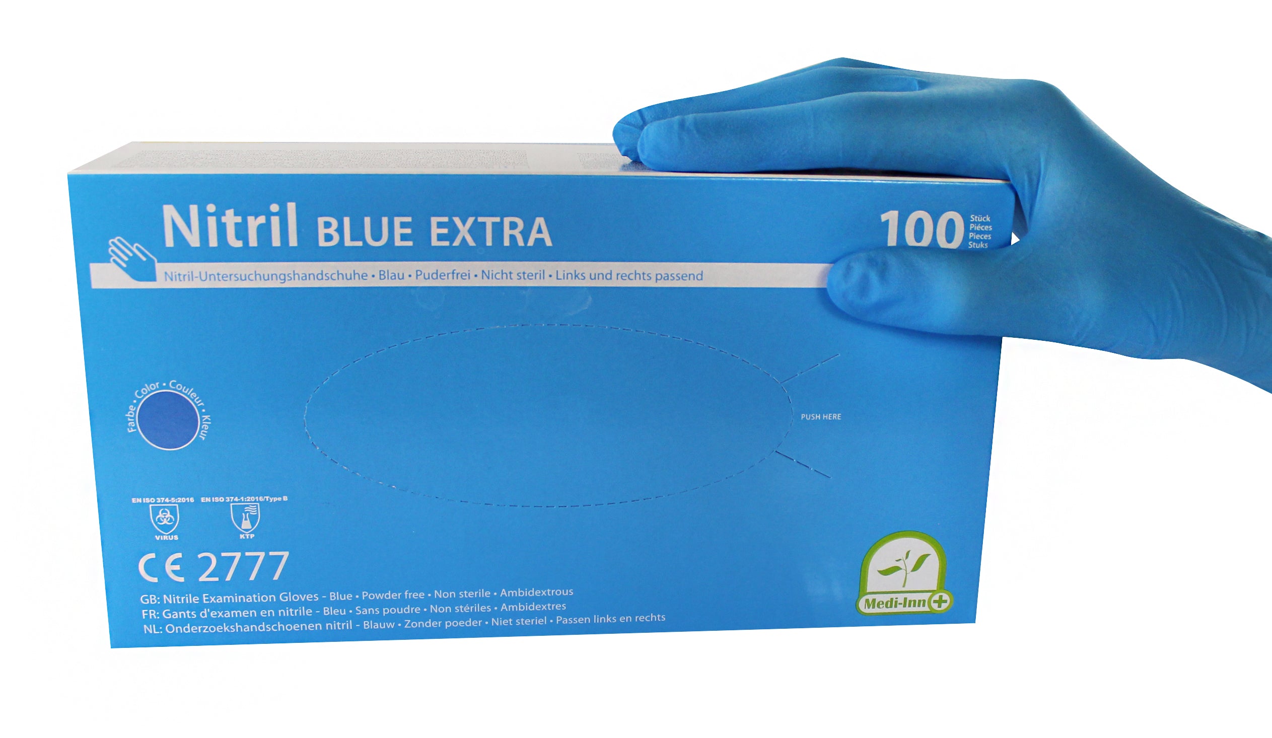 Bild eines Pakets mit blauen Nitril-Einmalhandschuhen. Der Karton ist oben offen und zeigt die Handschuhe, die ordentlich gefaltet und gestapelt sind. Die Handschuhe sind puderfrei und bieten eine hohe Flexibilität sowie Griffsicherheit. Das Verpackungsdesign enthält logotypes und Produktinformationen in ansprechender Schrift. Der Hintergrund ist neutral, um den Fokus auf die Handschuhe zu lenken. Ideal für medizinische Anwendungen, Reinigung oder Lebensmittelverarbeitung.