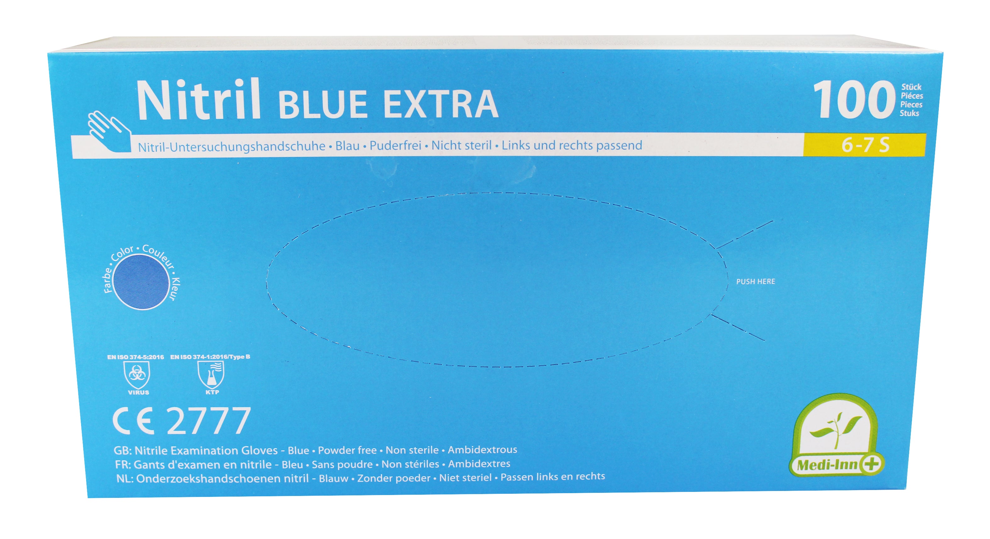 Ein Bild von blauen Nitrilhandschuhen, die auf einem weißen Hintergrund liegen. Die Handschuhe sind puderfrei und in einer leichten Biegung dargestellt, was die Flexibilität und die Passform verdeutlicht. Die Finger sind deutlich konturiert, was eine ergonomische Anpassung an die Hand zeigt. Die Oberfläche der Handschuhe erscheint glatt und glänzend. Der Blickwinkel des Fotos ermöglicht es, die Länge der Handschuhe bis zu den Handgelenken zu erkennen.