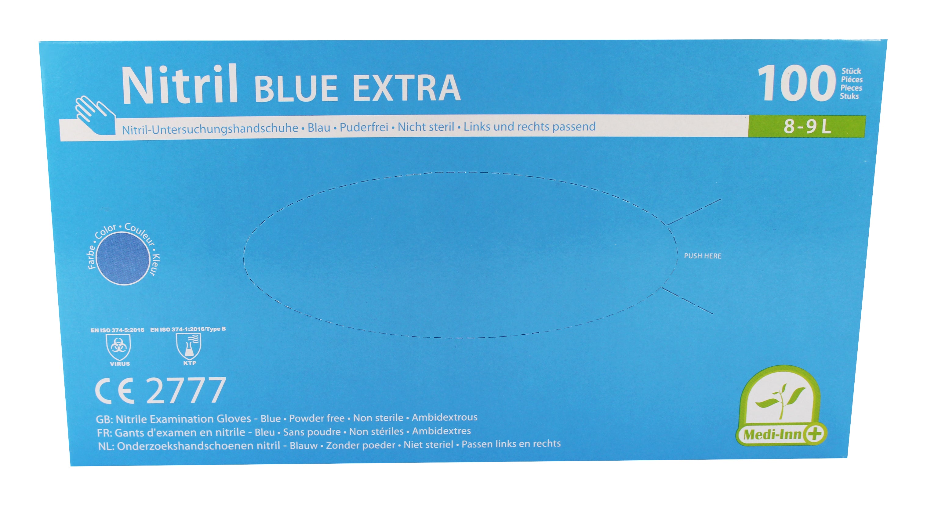 Alt-Text: "Produktbild von blauen, puderfreien Nitrilhandschuhen, die packend auf einem weißen Hintergrund angeordnet sind. Die Handschuhe sind einzeln und klar sichtbar, mit einem glatten, glänzenden Finish, das eine elegante, professionelle Ausstrahlung vermittelt. Die Handschuhe sind für den einmaligen Gebrauch konzipiert und bieten Schutz für Hände in verschiedenen Anwendungen, einschließlich medizinischer und hygienischer Bereiche.