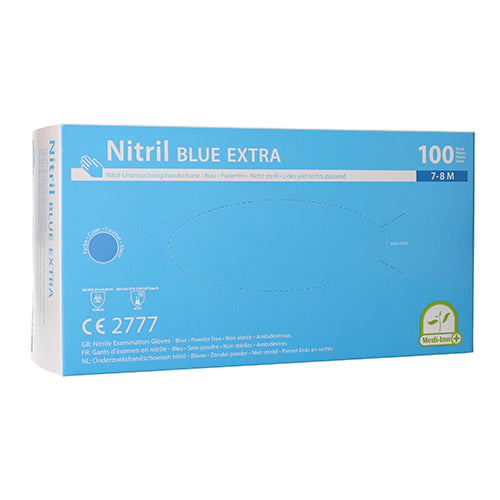 Eine Packung mit blauen Nitril-Einmalhandschuhen der Marke Medi Inn. Die Handschuhe sind puderfrei und in der Größe L erhältlich. Sie werden in einer geschlossenen, transparenten Verpackung präsentiert, die die Handschuhe ordentlich stapelt. Das Vordergrunddesign zeigt das Produktlabel mit entsprechenden Informationen wie Produkttyp, Größe und Farbe. Die gesamte Verpackung wirkt hygienisch und professionell. Der Hintergrund ist neutral gehalten, um die Aufmerksamkeit auf die Handschuhe zu lenken.