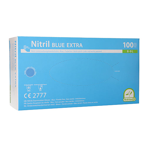 Ein Bild von blauen Nitrilhandschuhen in der Größe L, die auf einem weißen Hintergrund präsentiert werden. Die Handschuhe sind pulverfrei und haben eine glatte Oberfläche. Sie sind in einer leichten und flexiblen Form dargestellt, die die Fingerfertigkeit und den Komfort betont. Die Verpackung zeigt eine Rückansicht mit Informationen zu den Handschuhen, einschließlich der Vorteile und der medizinischen Verwendung.