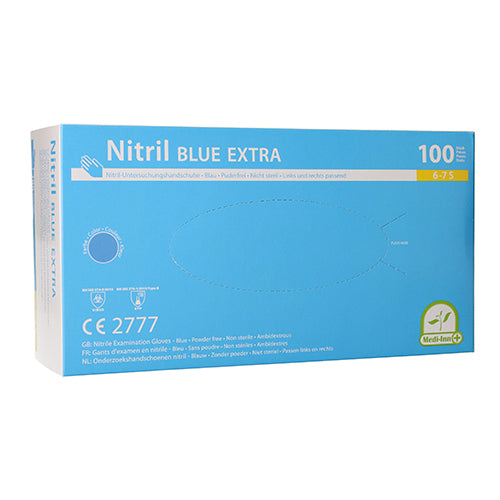 Ein Produktbild zeigt eine Packung mit blauen Nitrilhandschuhen der Marke Medi-Inn. Die Handschuhe sind puderfrei und in der Größe M erhältlich. Die Packung ist ansprechend gestaltet, mit klaren Informationen über das Produkt. Auf der Vorderseite der Schachtel sind die Handschuhe abgebildet, die glatt und gut durchscheinend wirken. Der Hintergrund ist weiß, was die Farben der Verpackung und der Handschuhe hervorhebt.