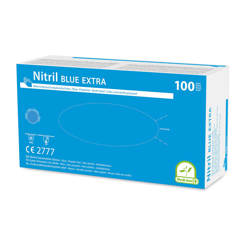 Bild eines Produkts: Medi Inn Nitril Blau Extra Einmalhandschuhe, puderfrei, Größe S. Die Handschuhe sind in leuchtendem Blau dargestellt, leicht gewellt am Handgelenk, um eine flexible Passform zu zeigen. Auf der Verpackung sind Informationen wie der Markenname "Medi Inn", die Bezeichnung "Nitril", "puderfrei" und die Größe "S" klar sichtbar. Der Hintergrund ist einfach gehalten, sodass der Fokus auf den Handschuhen liegt.