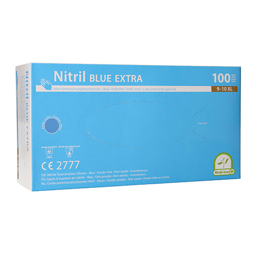 Bildbeschreibung: Das Produktbild zeigt eine Packung mit blauen, puderfreien Nitrilhandschuhen der Größe XL. Die Handschuhe sind einzeln gefaltet und in einer transparenten Verpackung angeordnet, die eine einfache Entnahme ermöglicht. Die Vorderseite der Verpackung ist mit dem Schriftzug "Medi Inn" und weiteren Produktinformationen versehen. Der Hintergrund des Bildes ist neutral, wodurch die Handschuhe hervorstechen.