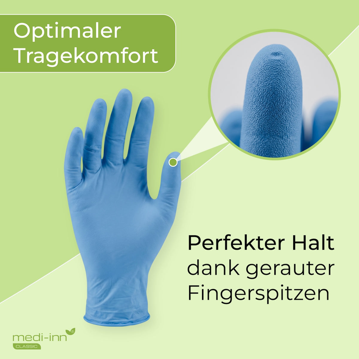 Frontalansicht eines Medi-Inn Nitril Blue Plus Einmalhandschuhs mit den Hinweisen: Optimaler Tragekomfort, Perfekter Halt dank gerauter Fingerspitzen.