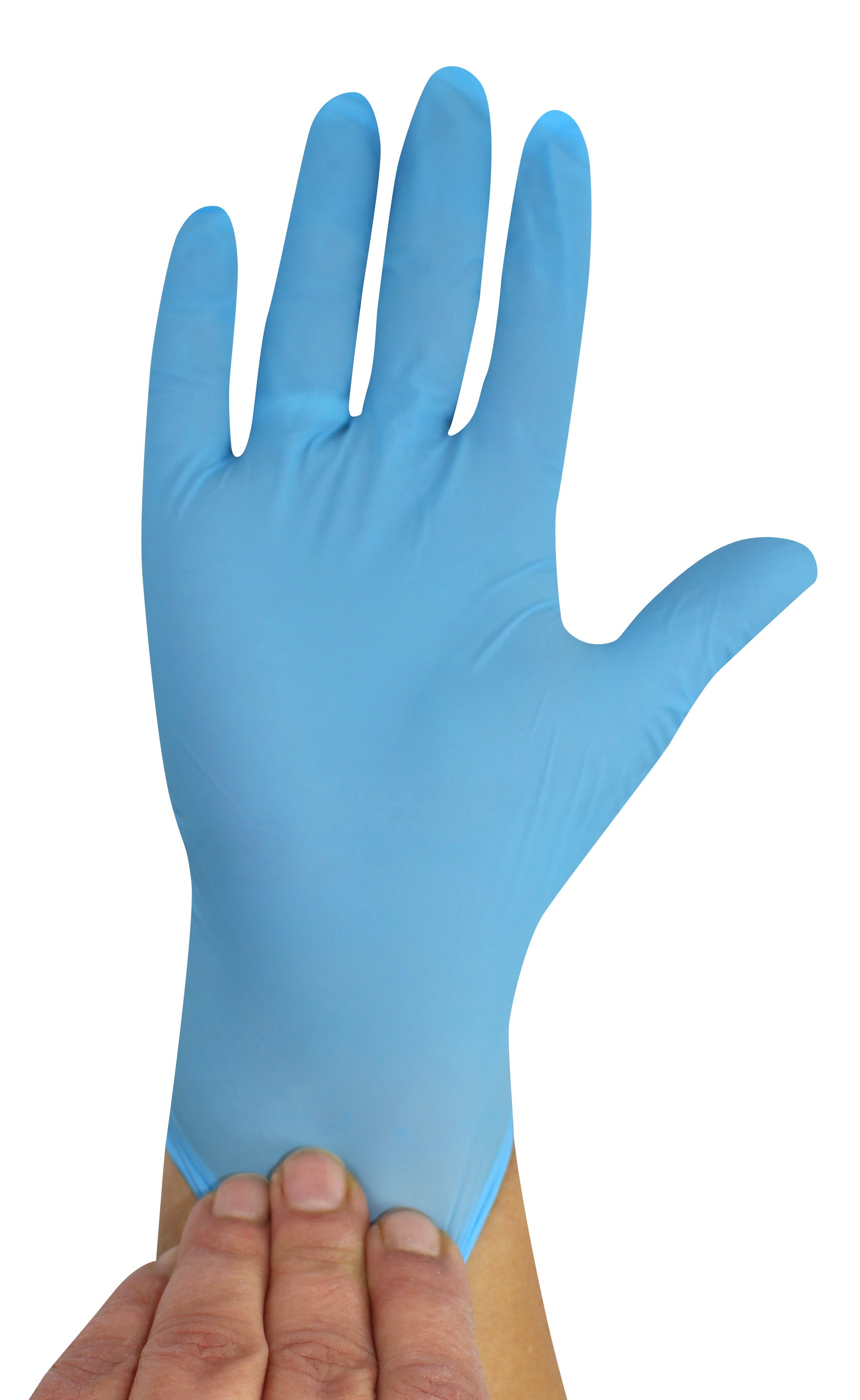 Ein Bild von blauen Nitrilhandschuhen, die auf einem weißen Hintergrund abgebildet sind. Die Handschuhe sind puderfrei und in der Größe S angegeben. Auf dem Verpackungsdesign sind Informationen über das Produkt klar sichtbar, darunter der Markenname "Medi-Inn" und der Hinweis "Nitril Blue Plus". Die Handschuhe haben eine glatte Oberfläche und eine enganliegende Passform, ideal für medizinische Anwendungen oder den Einsatz in der Lebensmittelindustrie.