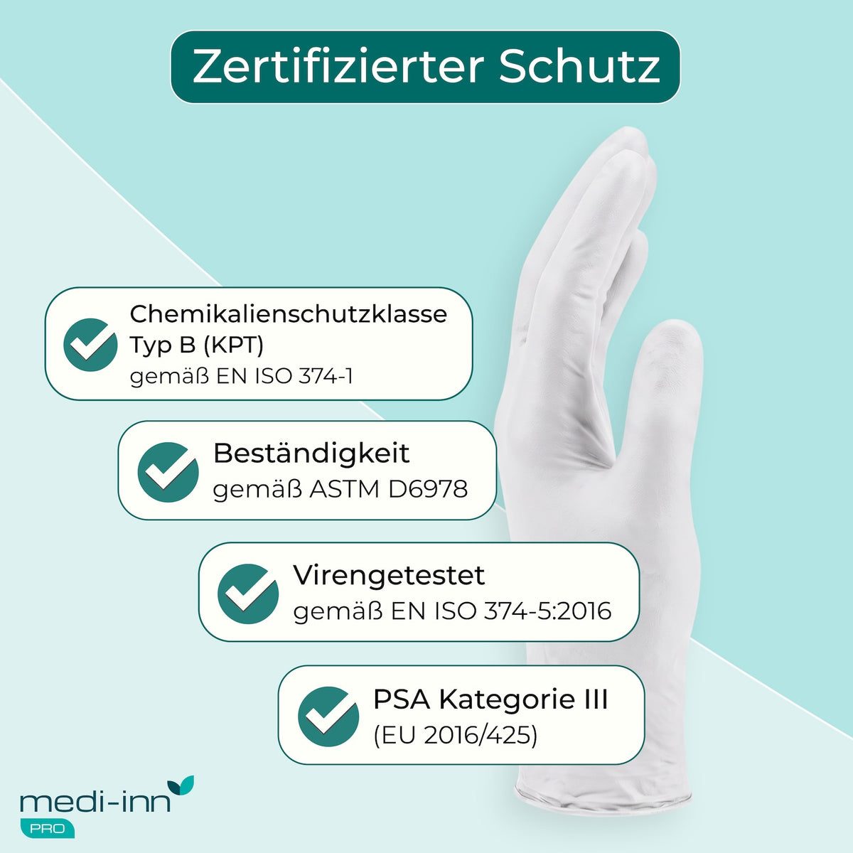 Zertifizierter Schutz: Chemikalienschutzklasse Typ B (KPT) gemäß EN ISO 374-1, Beständigkeit gemäß ASTM D6978, Virengetestet gemäß EN ISO 374-5:2016, PSA Kategorie III (EU 2016/425)