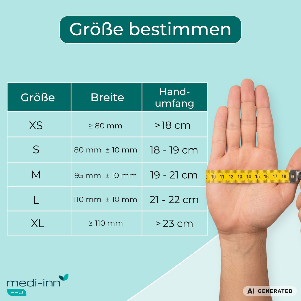 Übersicht zur Größenbestimmung: XS (Handumfang weniger als 18 cm), S (Handumfang 18 - 19 cm), M (Handumfang 19 - 21 cm), L (Handumfang 21 - 22 cm), XL (Handumfang mehr als 23 cm).