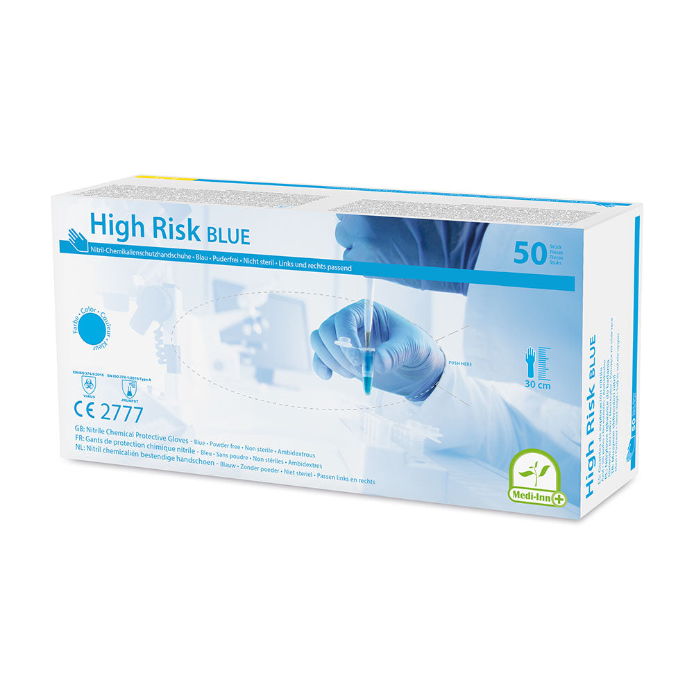 Ein Produktbild zeigt eine Packung von medi inn Nitril Hochrisiko Chemikalienschutzhandschuhen in Blau. Die Handschuhe sind puderfrei und in einer Größenordnung von Large abgebildet. Im Vordergrund ist ein einzelner Handschuh sichtbar, der teilweise geöffnet und bereit zum Tragen ist. Die Verpackung präsentiert sich in einem ansprechenden Design mit klar lesbarer Schrift und grafischen Elementen, die auf die hohe Qualität und die Verwendung in risikobehafteten Umgebungen hinweisen.