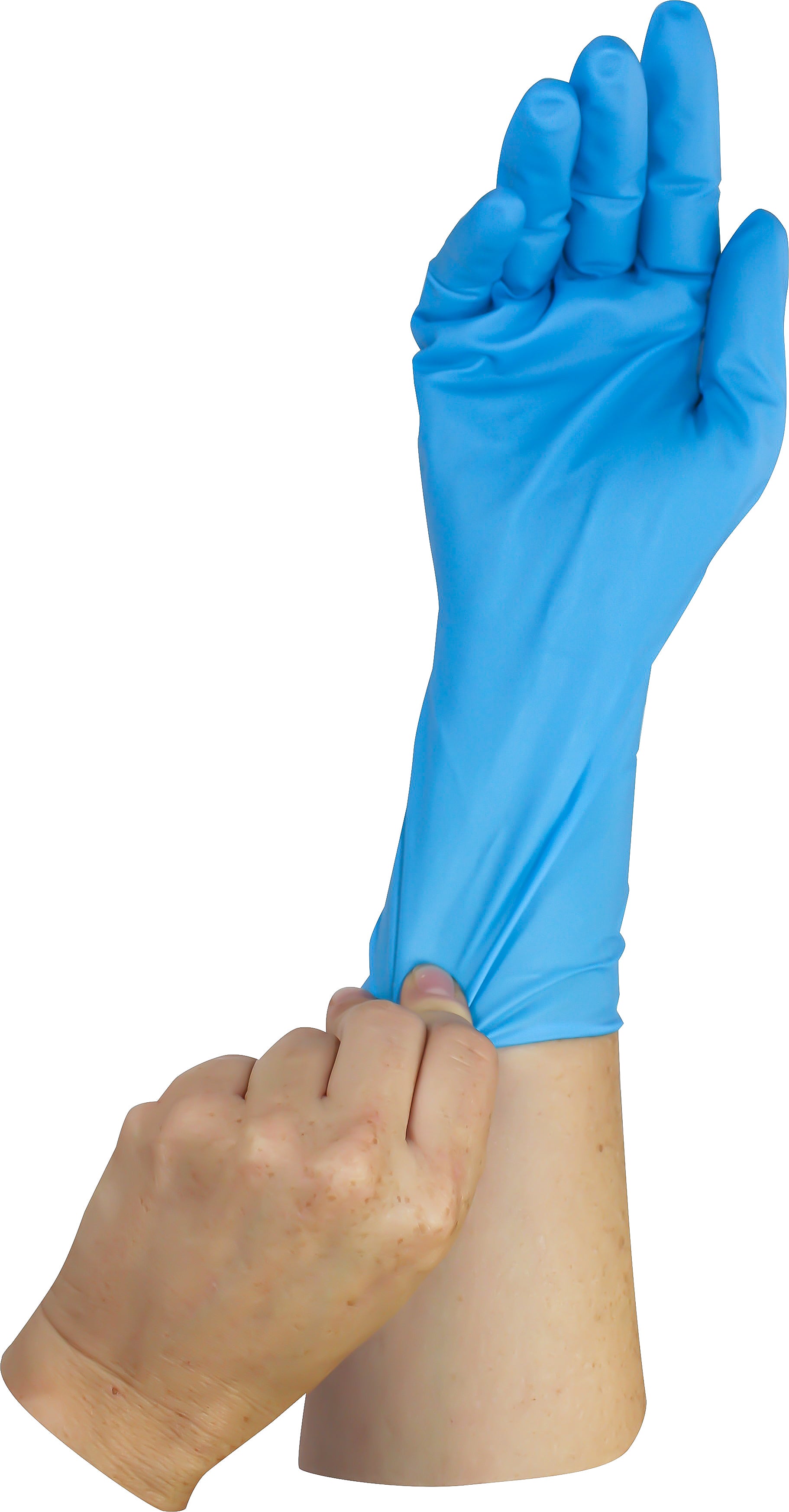 Ein obriger Blick auf eine Packung blauer Nitrilhandschuhe, die auf einem weißen Hintergrund platziert sind. Die Handschuhe sind puderfrei und in der Größe L erhältlich. Die Verpackung zeigt ansprechend das Produktdesign mit einem klaren und modernen Layout, das die Verwendung von Chemikalienschutz hervorhebt. Die Handschuhe sind für den hohen Risikobereich konzipiert, wobei die Textur und die Handschuhform gut erkennbar sind.