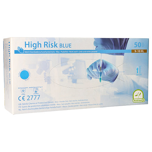 Bildbeschreibung: Hochwertige chemikalienschutzhandschuhe aus Nitril in der Farbe Blau. Die Handschuhe sind puderfrei und in Größe M erhältlich. Sie zeichnen sich durch eine bequeme Passform und eine strukturierte Oberfläche aus, die einen sicheren Griff ermöglicht. Die Handschuhe sind ideal für den Einsatz in risikobehafteten Umgebungen, z. B. im Gesundheitswesen oder in Laboren.