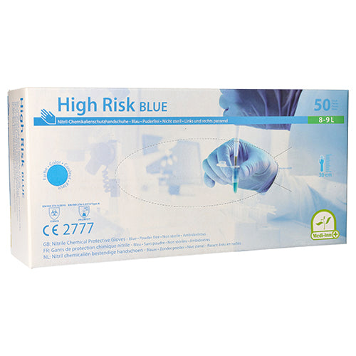 Bild eines Paares blauer Nitrilhandschuhe von Medi Inn, die als chemikalienresistent und puderfrei gekennzeichnet sind. Die Handschuhe sind in Größe S und bieten hohen Schutz, ideal für medizinische Anwendungen oder den Einsatz in der Industrie. Die Oberfläche der Handschuhe ist glatt und hat eine feine Textur für besseren Grip. Die Verpackung ist schlicht und informativ, mit einer klaren Kennzeichnung der Marke und des Produktyps.