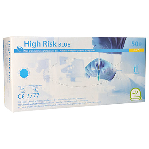 Bild zeigt eine Packung von blaue Nitrilhandschuhe für den Chemikalienschutz der Marke Medi-Inn. Die Handschuhe sind puderfrei und in der Größe XL erhältlich. Die oberhalb der Handschuhe angegebene Produktbezeichnung weist auf deren hohe Schutzwirkung hin. Der Hintergrund ist schlicht und neutral gehalten, um die Aufmerksamkeit auf die Handschuhe zu lenken. Die Verpackung ist klar erkennbar und zeigt sowohl die Handschuhe als auch die wichtigsten Informationen zu Material und Verwendungsschwerpunkten.