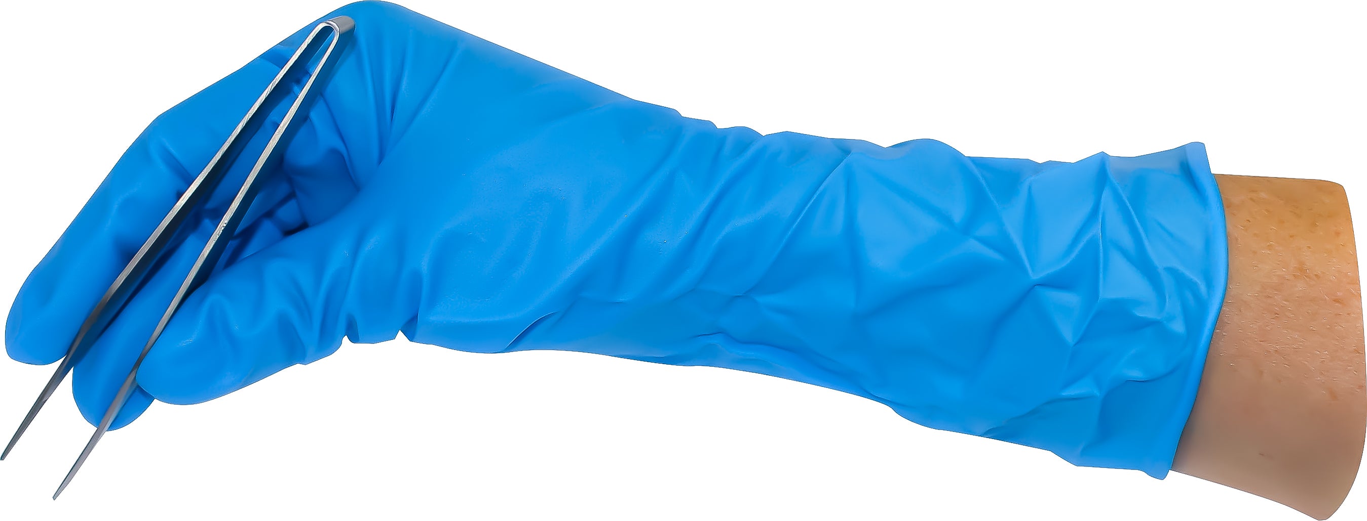 Ein Paar hochriskante, puderfreie Nitrilhandschuhe in blauer Farbe, die auf einem weißen Hintergrund präsentiert werden. Die Handschuhe sind in Größe XL, was durch eine entsprechende Kennzeichnung in der oberen linken Ecke des Bildes verdeutlicht wird. Die Oberfläche der Handschuhe wirkt glatt und leicht glänzend, was auf ihre chemikalienbeständigen Eigenschaften hinweist.