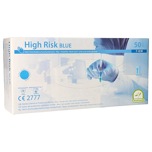 Blaues Nitrilhandschuh-Set in XXL-Größe, pulverbefreit, auf weißem Hintergrund. Die Handschuhe sind für den Chemikalienschutz konzipiert und zeichnen sich durch eine strukturierte Oberfläche aus, die einen sicheren Halt bietet. Sie sind leicht glänzend und flexibel, ideal für den medizinischen Einsatz oder in der Industrie. Die Verpackung zeigt das Produktlogo „Medi Inn“, sowie wichtige Informationen zu Anwendung und Sicherheit.