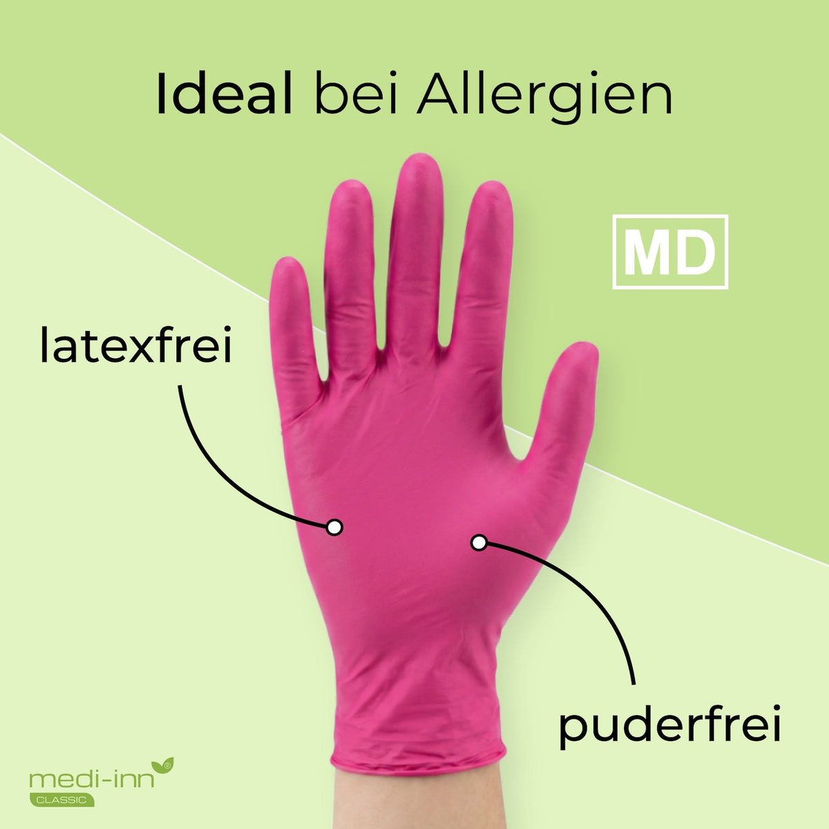 Frontalansicht eines Medi-Inn Nitril Magenta Einmalhandschuhs mit den Hinweisen: latexfrei, puderfrei, Medizinprodukt.