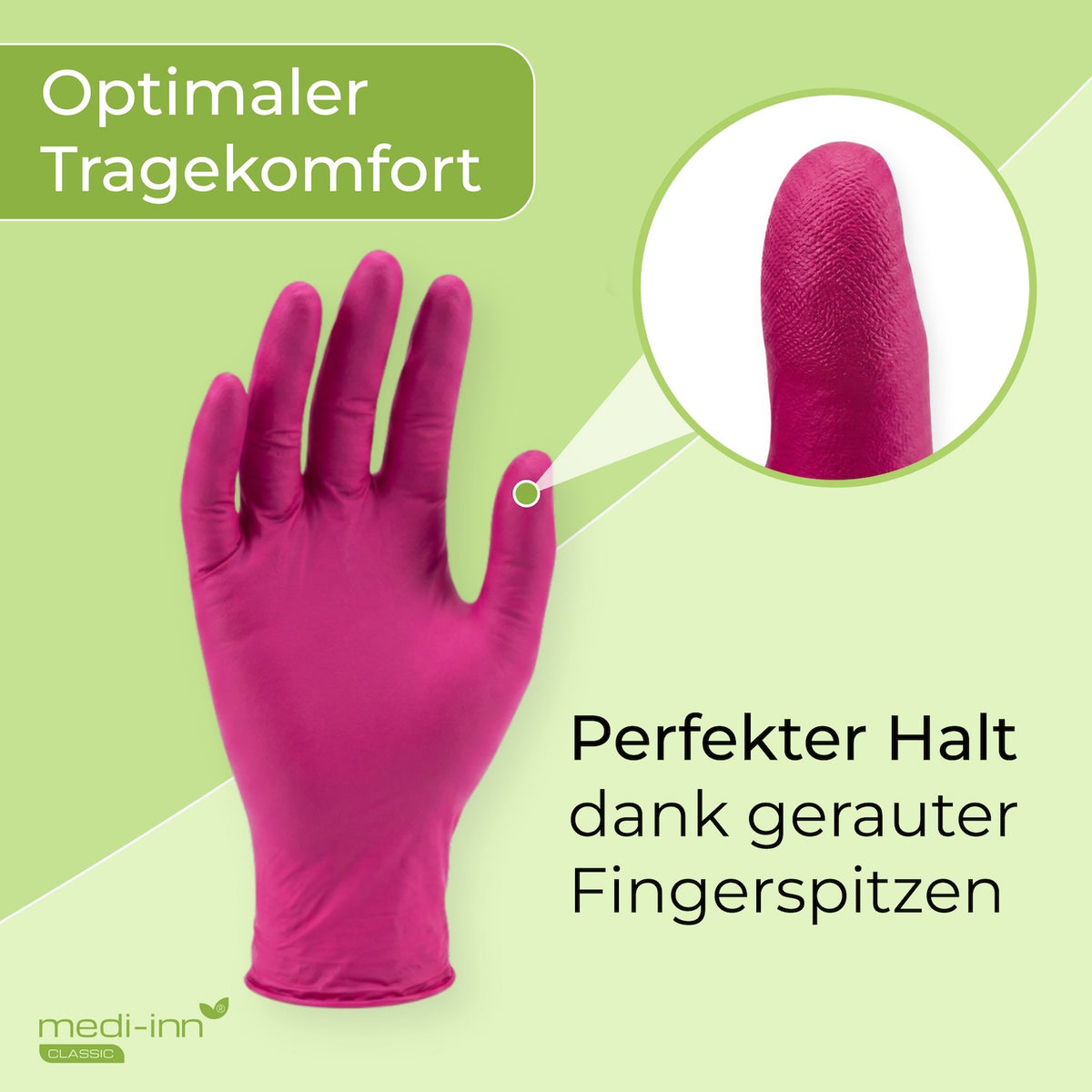Frontalansicht eines Medi-Inn Nitril Magenta Einmalhandschuhs mit den Hinweisen: Optimaler Tragekomfort, Perfekter Halt dank gerauter Fingerspitzen.