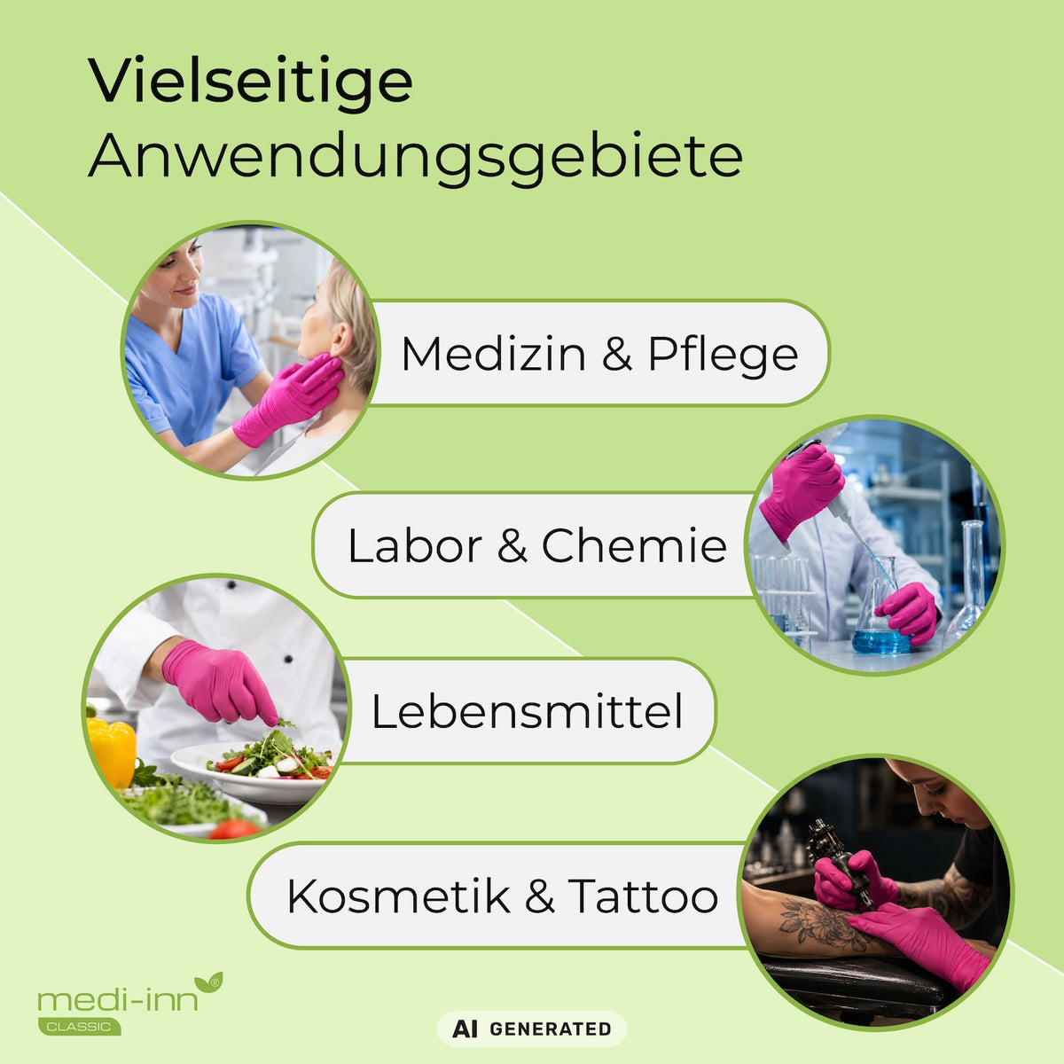 Hinweis auf die vielseitigen Anwendungsgebiete des Medi-Inn Nitril Magenta Einmalhandschuhs: Medizin & Pflege, Labor & Chemie, Lebensmittel, Kosmetik & Tattoo.