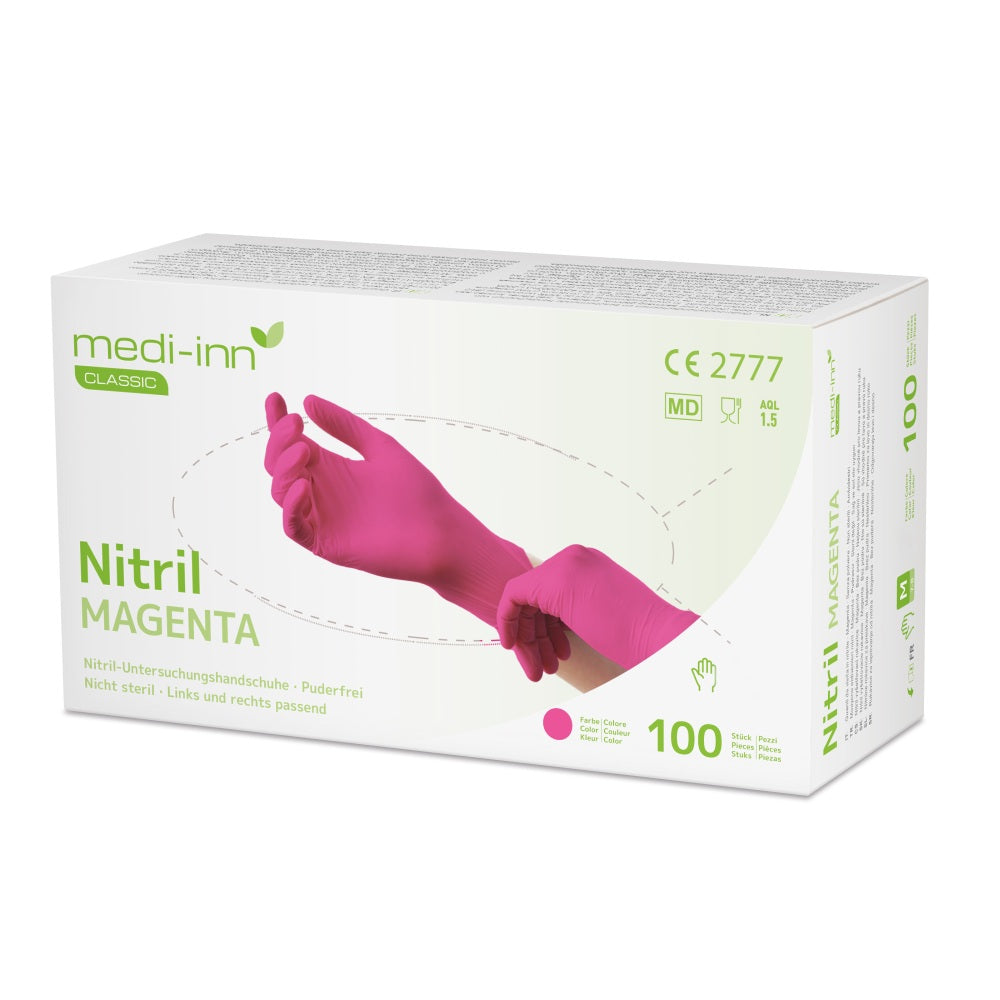 Magenta-farbene Einmalhandschuhe aus Nitril in der Größe XS, präsentiert auf einem weißen Hintergrund. Die Handschuhe sind puderfrei und passen sich der Handform an, um optimalen Komfort und Schutz zu bieten. Ihre glatte Oberfläche sorgt für eine einfache Handhabung und verbesserten Grip. Diese medizinischen Handschuhe sind ideal für den Einsatz in Pflegeberufen, bei-Wellness-Anwendungen oder im Lebensmittelbereich. Sie sind latexfrei und reduzieren das Risiko allergischer Reaktionen bei Anwendern.