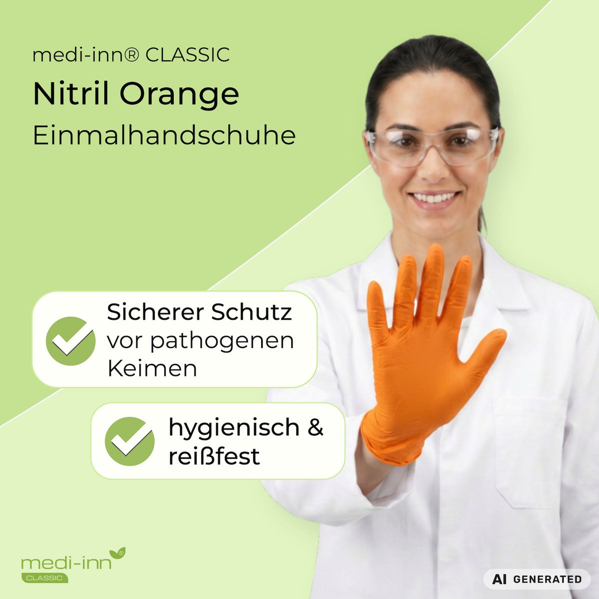 Eine Fachkraft aus dem Labor trägt den Medi-Inn Nitril Orange Einmalhandschuh. Daneben die Hinweise: Sicherer Schutz vor pathogenen Keimen, hygienisch & reißfest.