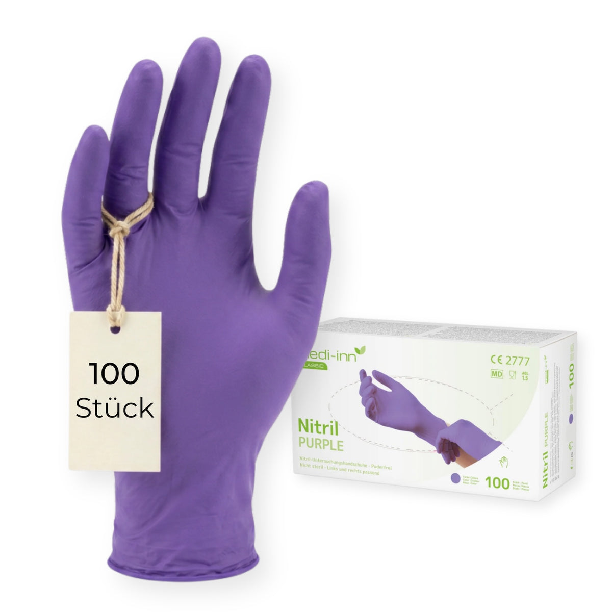 Frontalansicht eines Medi-Inn Nitril Purple Einmalhandschuhs neben der Verpackung mit 100 Stück.