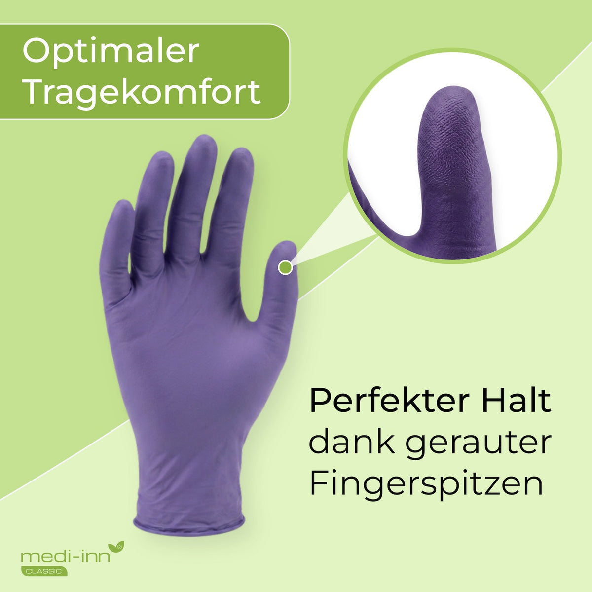 Frontalansicht eines Medi-Inn Nitril Purple Einmalhandschuhs mit den Hinweisen: Optimaler Tragekomfort, Perfekter Halt dank gerauter Fingerspitzen.