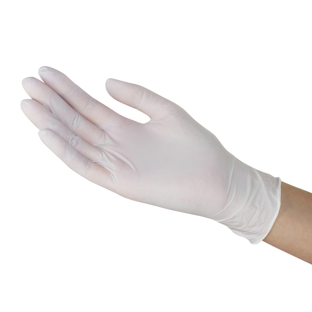 Weiße Nitril-Einmalhandschuhe in einer großen Box mit 200 Stück, Größe S. Die Box ist oben und seitlich abgebildet, mit einem klaren Fokus auf das Produktdesign, das eine moderne und hygienische Verpackung zeigt. Die Handschuhe sind puderfrei, latexfrei und bieten optimalen Grip sowie hohe Empfindlichkeit, ideal für medizinische und hygienische Anwendungen. Der Hintergrund ist neutral gehalten, um die Handschuhe in den Vordergrund zu stellen.