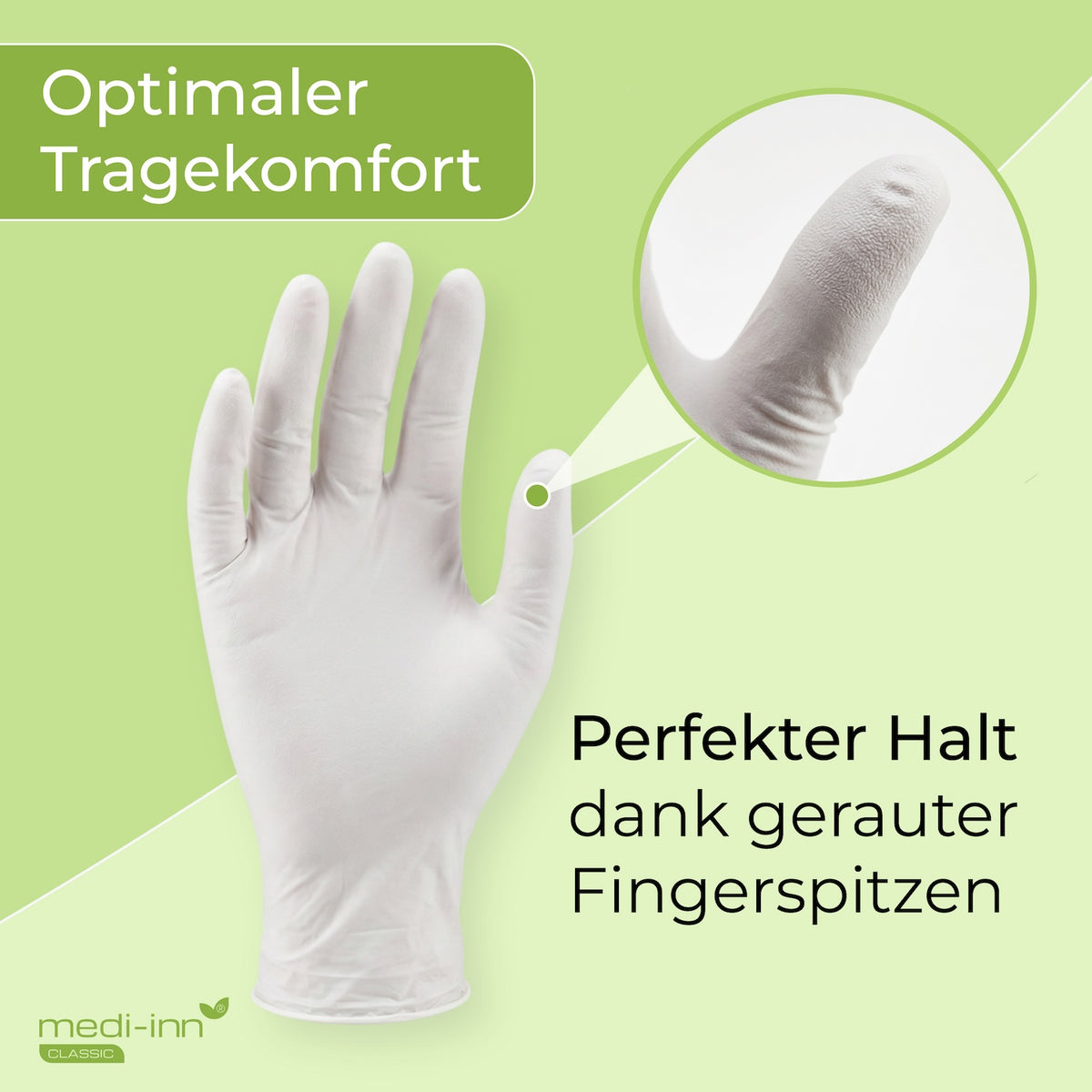 Frontalansicht eines Medi-Inn Nitril White Plus Einmalhandschuhs mit den Hinweisen: Optimaler Tragekomfort, Perfekter Halt dank gerauter Fingerspitzen.