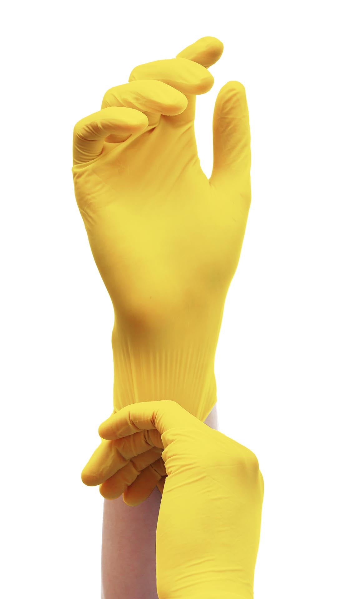 Eine Packung mit gelben Nitrilhandschuhen, die puderfrei sind, wird in einem weißen Hintergrund präsentiert. Die Handschuhe sind in der Größe XS und bieten einen komfortablen Sitz. Die Verpackung zeigt die Marke "Medi Inn" deutlich, zusammen mit Informationen über die Vorteile der Handschuhe, wie z.B. ihre Eignung für den Einsatz in medizinischen und hygienischen Bereichen.